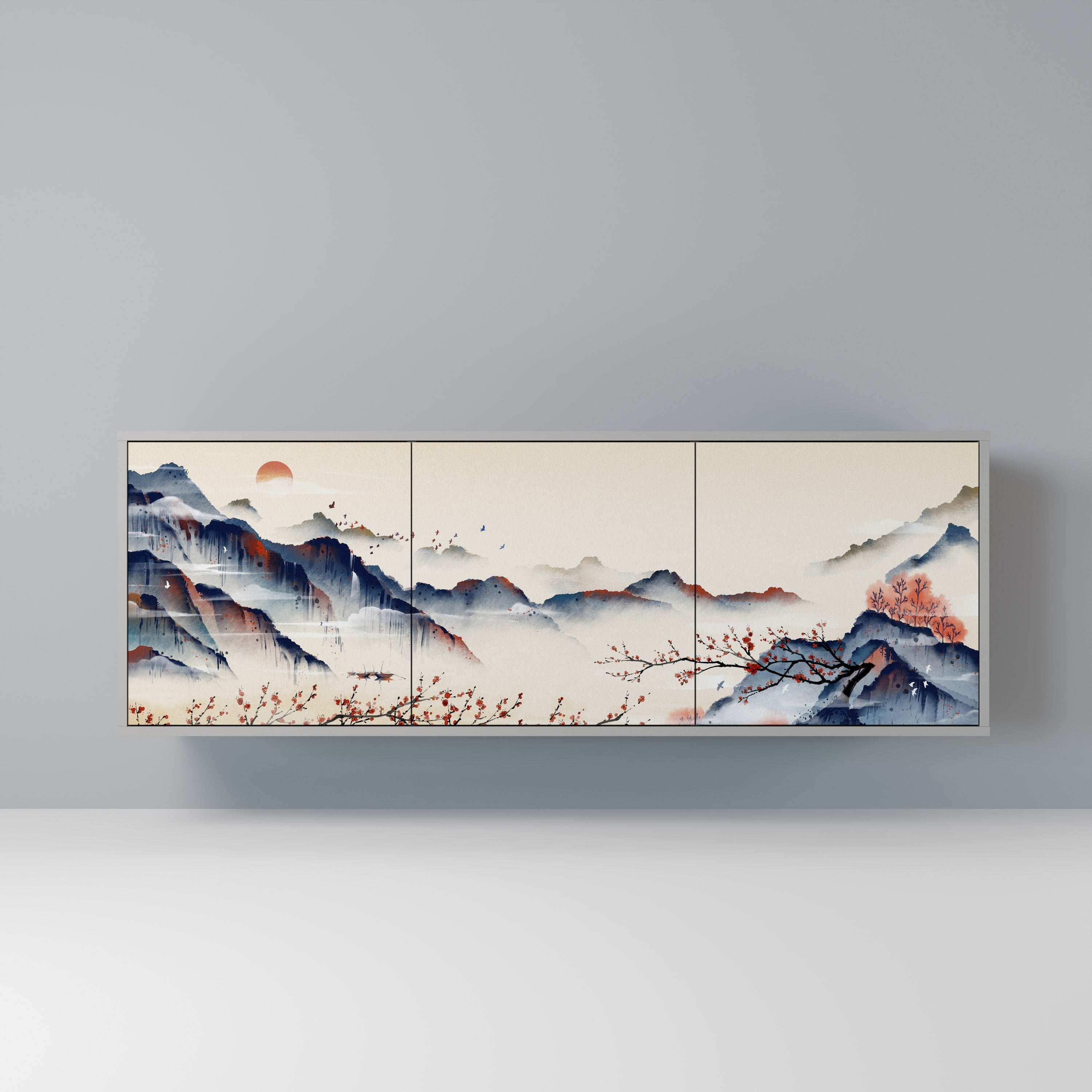 Buffet 3 portes PAYSAGE JAPONAIS finition grise