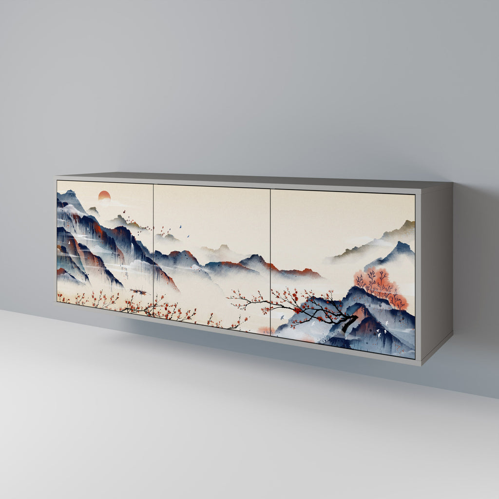 Buffet 3 portes PAYSAGE JAPONAIS finition grise