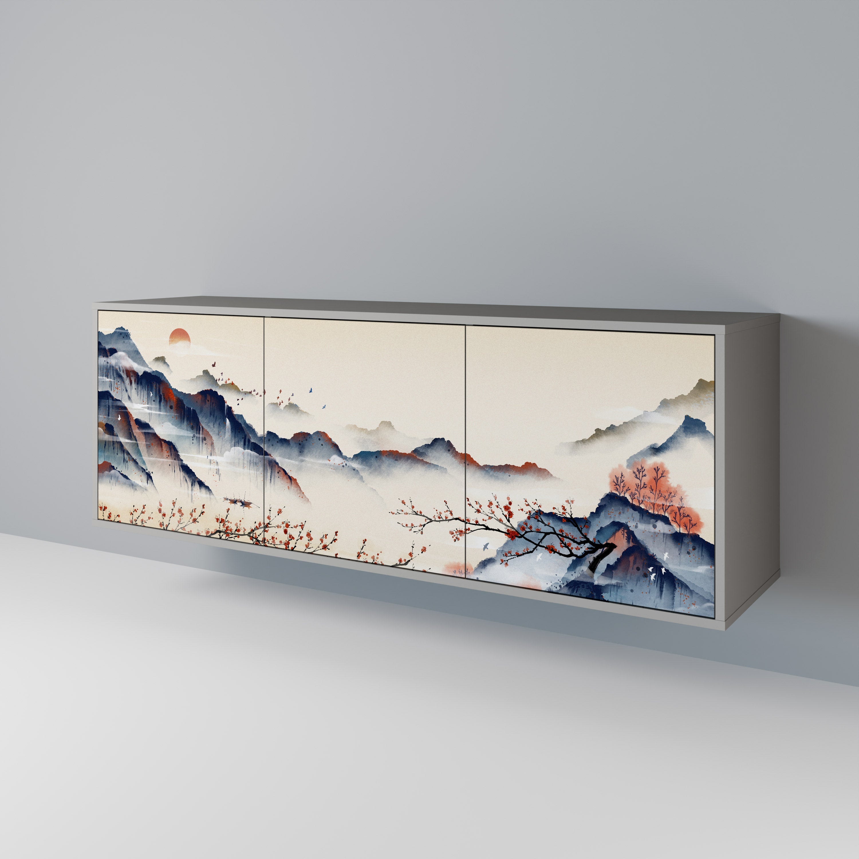 Buffet 3 portes PAYSAGE JAPONAIS finition grise