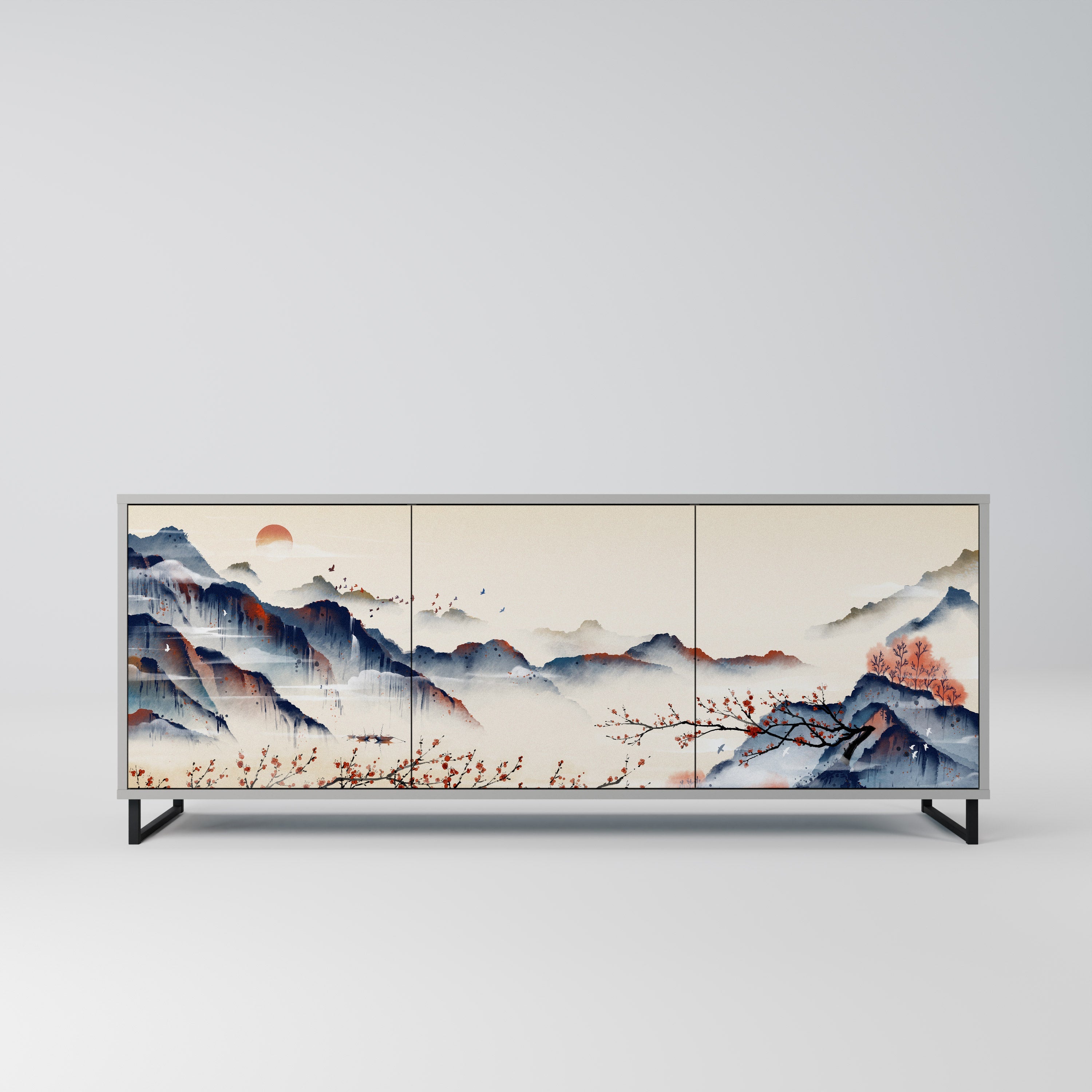 Buffet 3 portes PAYSAGE JAPONAIS finition grise