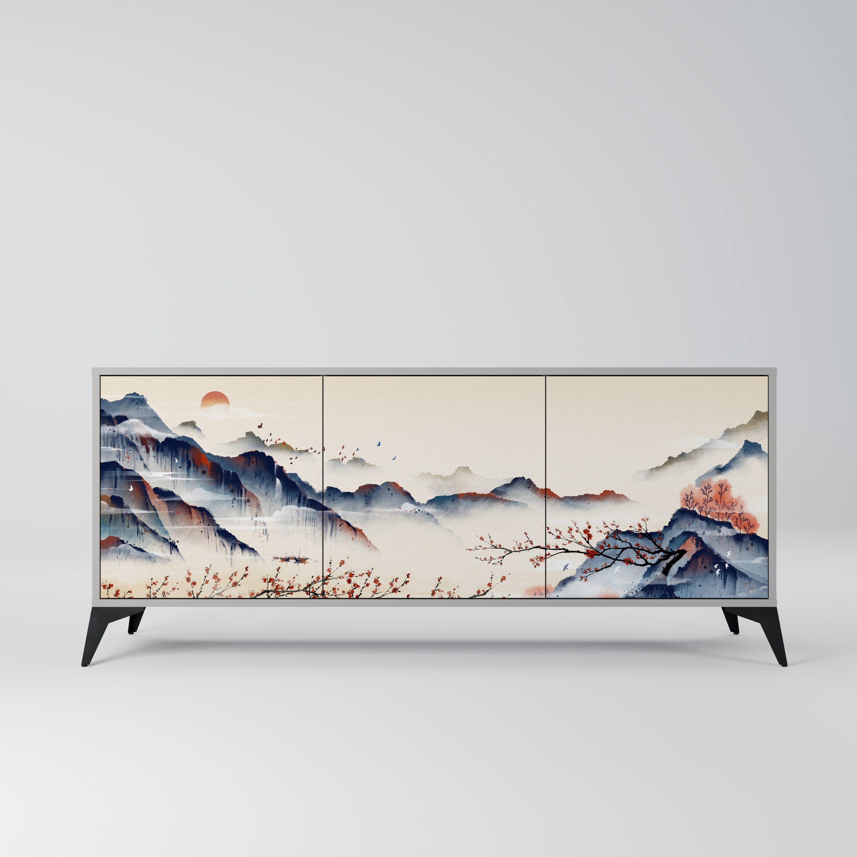 Buffet 3 portes PAYSAGE JAPONAIS finition grise