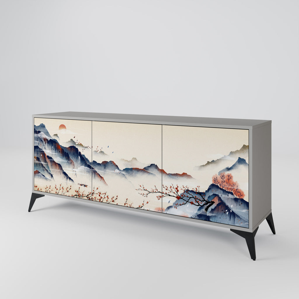 Buffet 3 portes PAYSAGE JAPONAIS finition grise