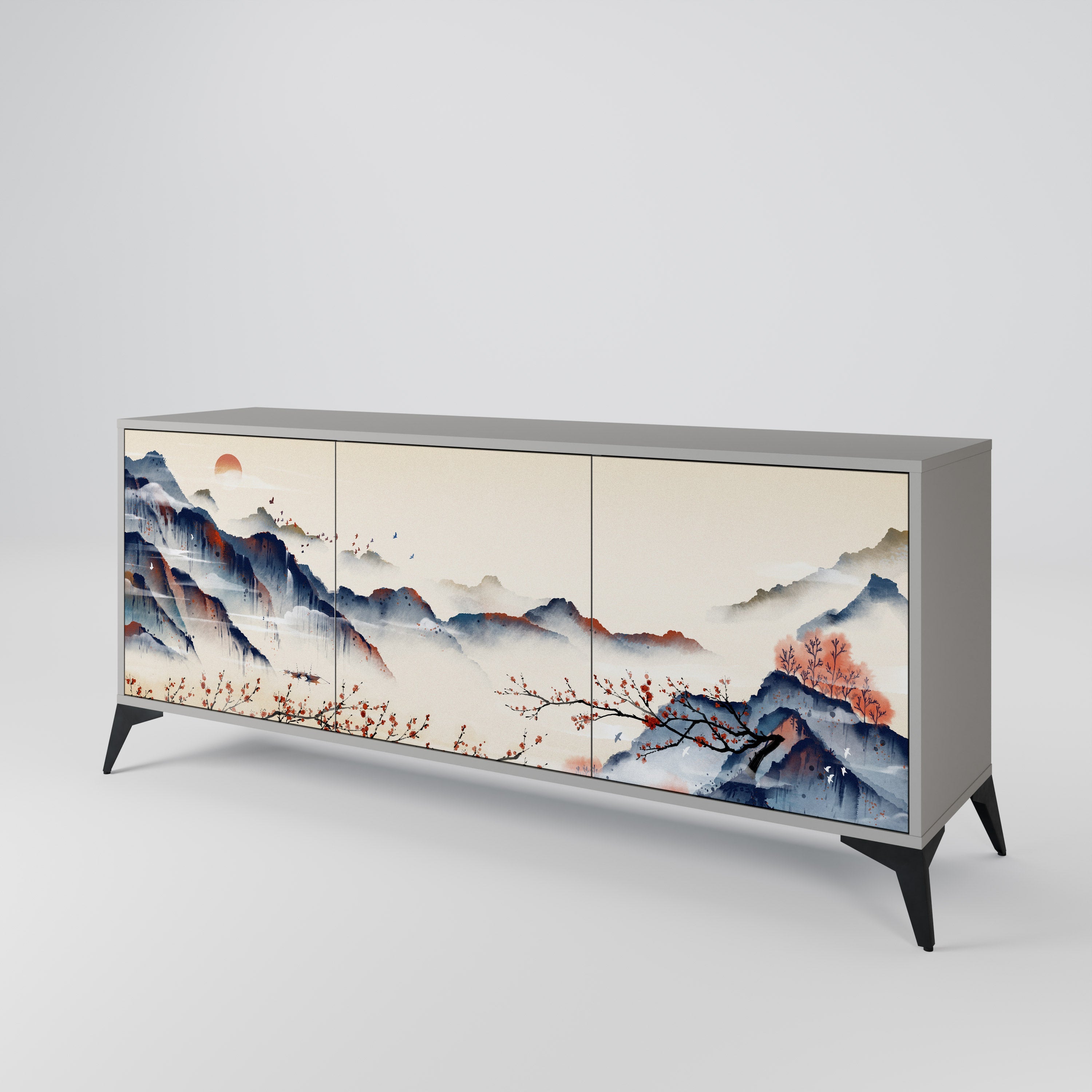 Buffet 3 portes PAYSAGE JAPONAIS finition grise