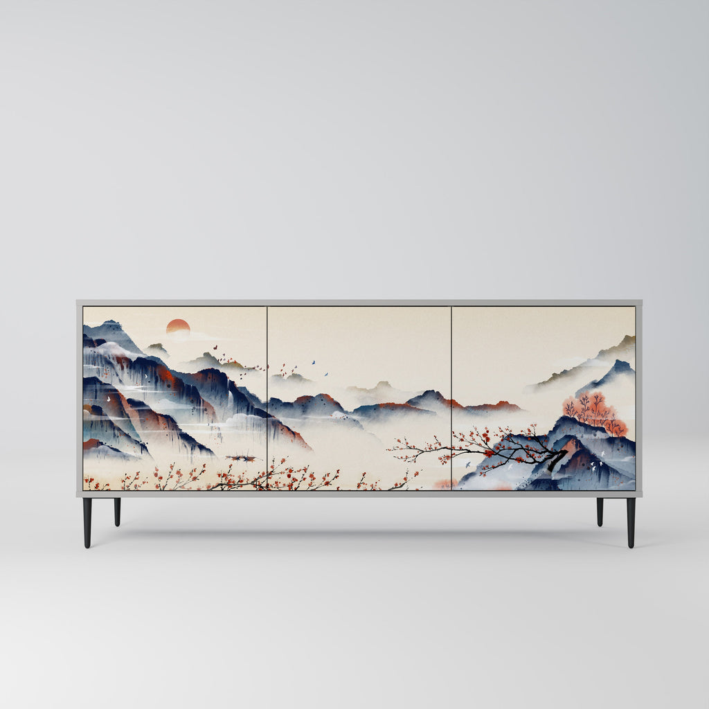 Buffet 3 portes PAYSAGE JAPONAIS finition grise