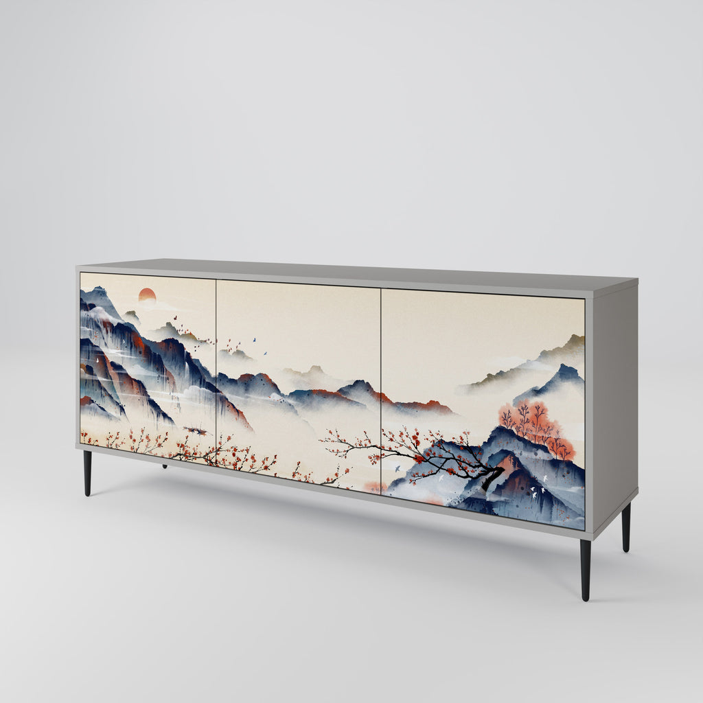 Buffet 3 portes PAYSAGE JAPONAIS finition grise