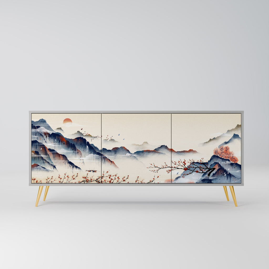 Buffet 3 portes PAYSAGE JAPONAIS finition grise