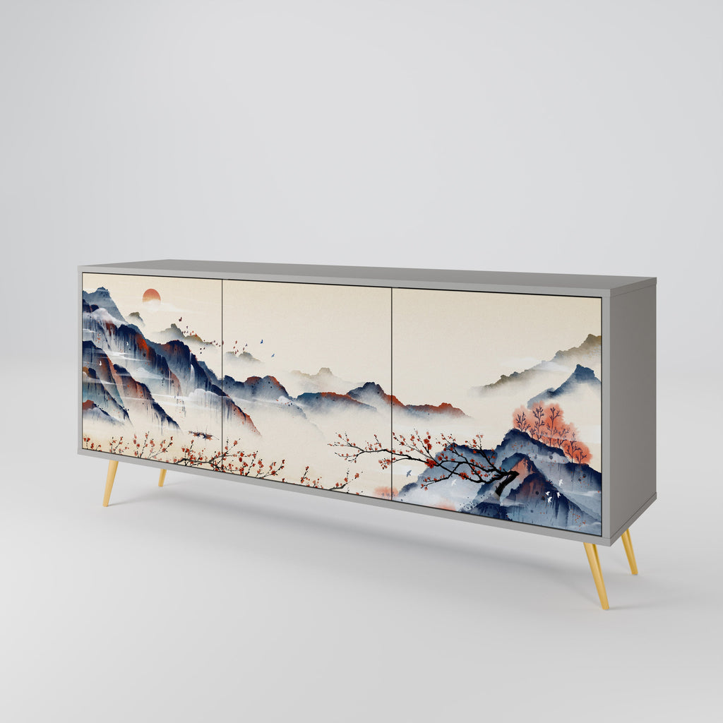 Buffet 3 portes PAYSAGE JAPONAIS finition grise