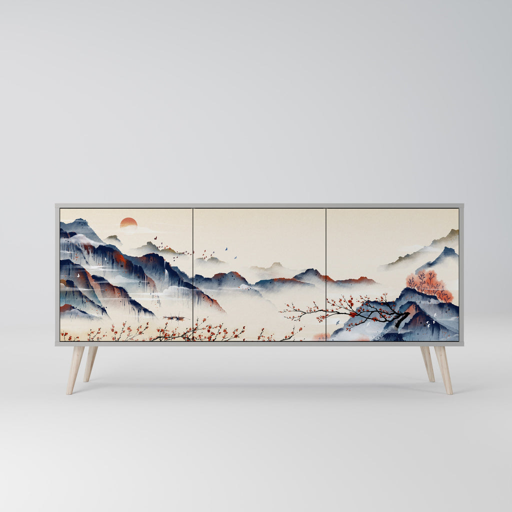 Buffet 3 portes PAYSAGE JAPONAIS finition grise