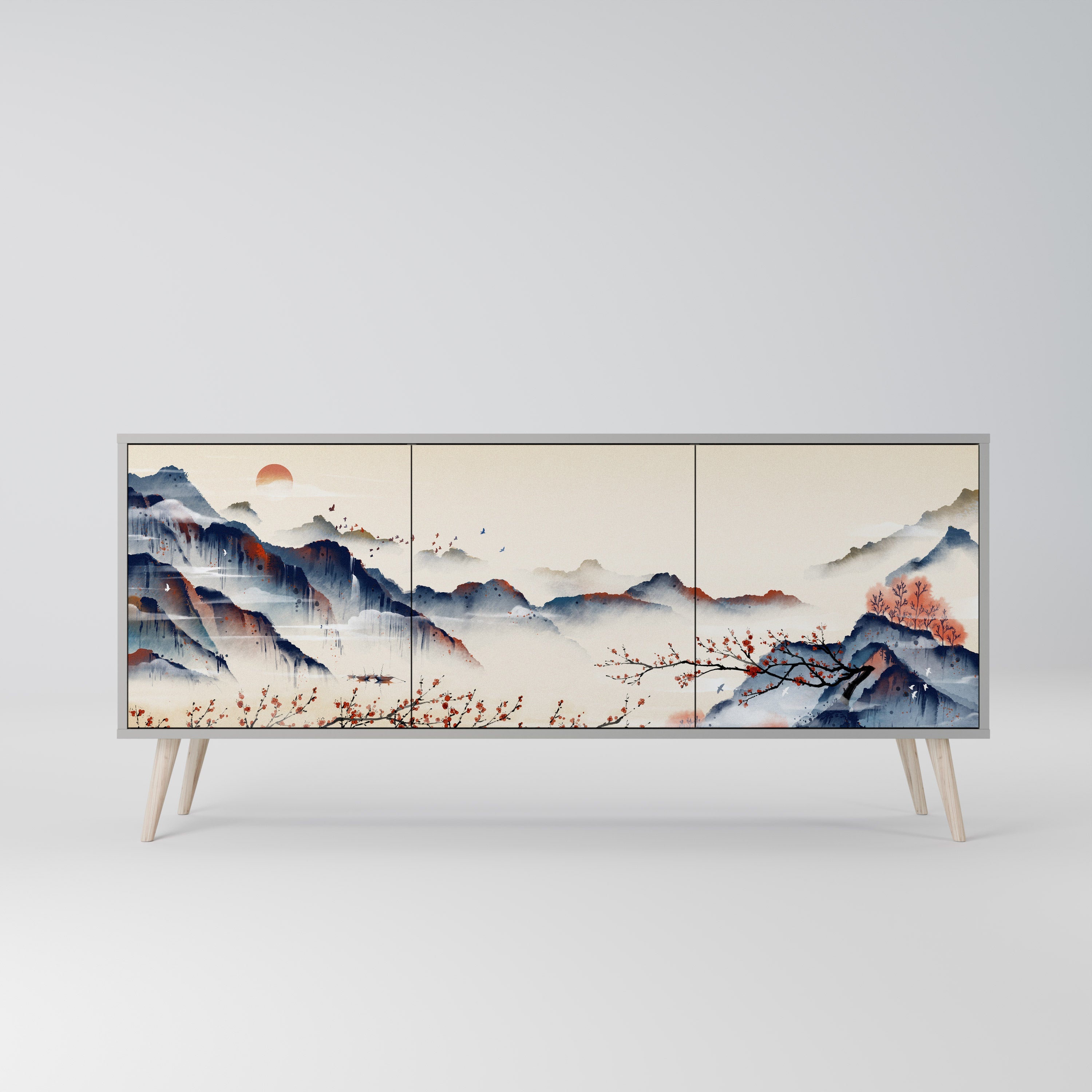 Buffet 3 portes PAYSAGE JAPONAIS finition grise