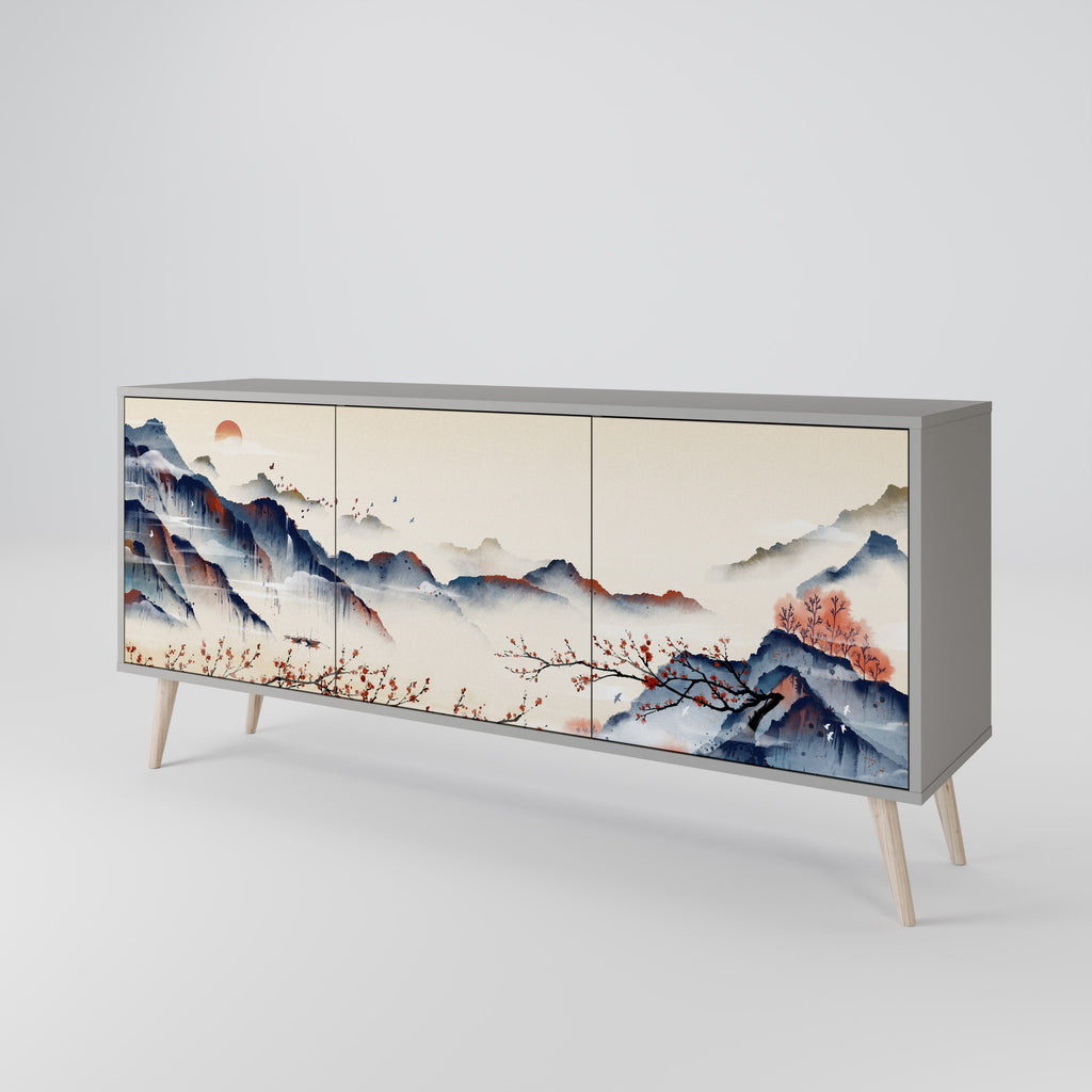 Buffet 3 portes PAYSAGE JAPONAIS finition grise