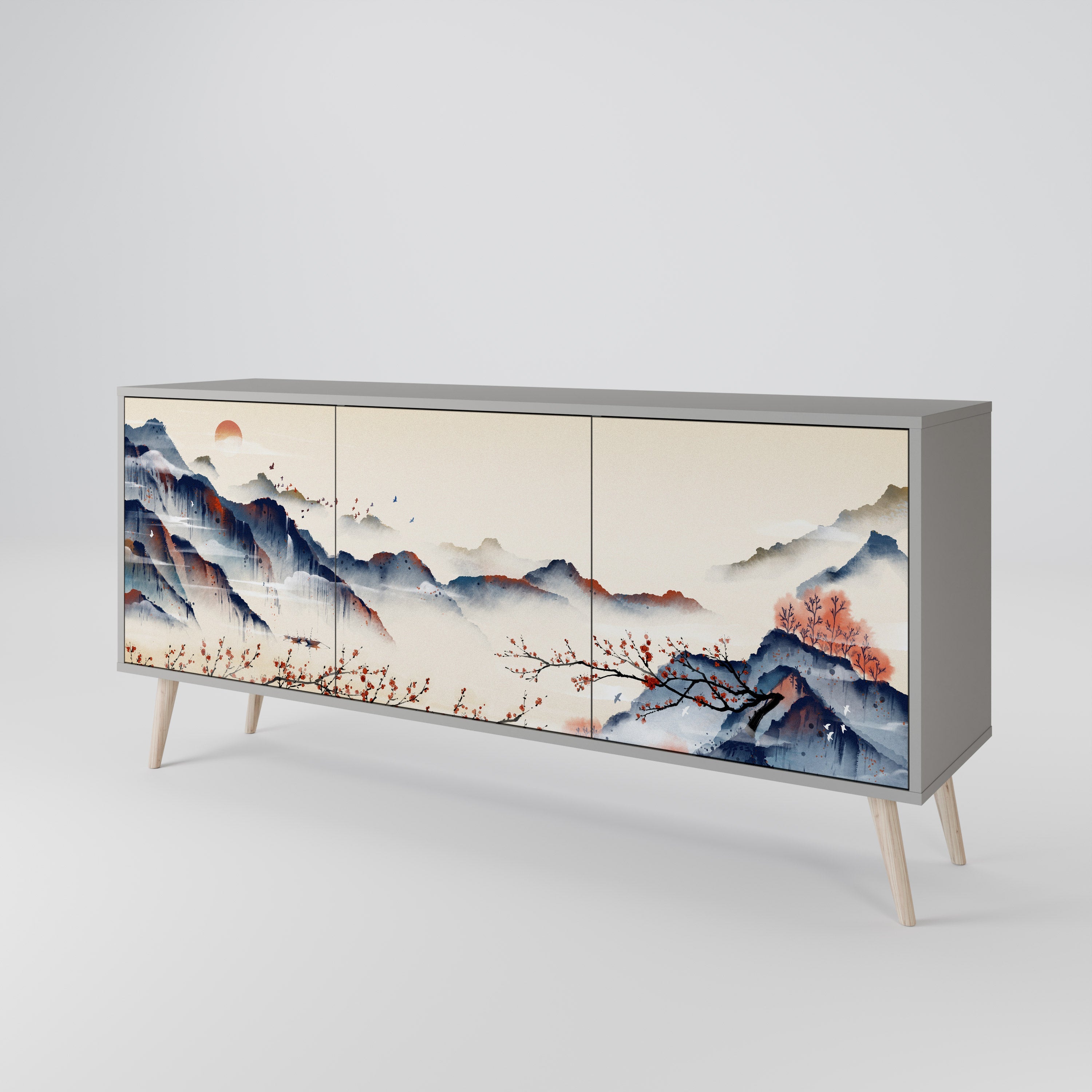Buffet 3 portes PAYSAGE JAPONAIS finition grise