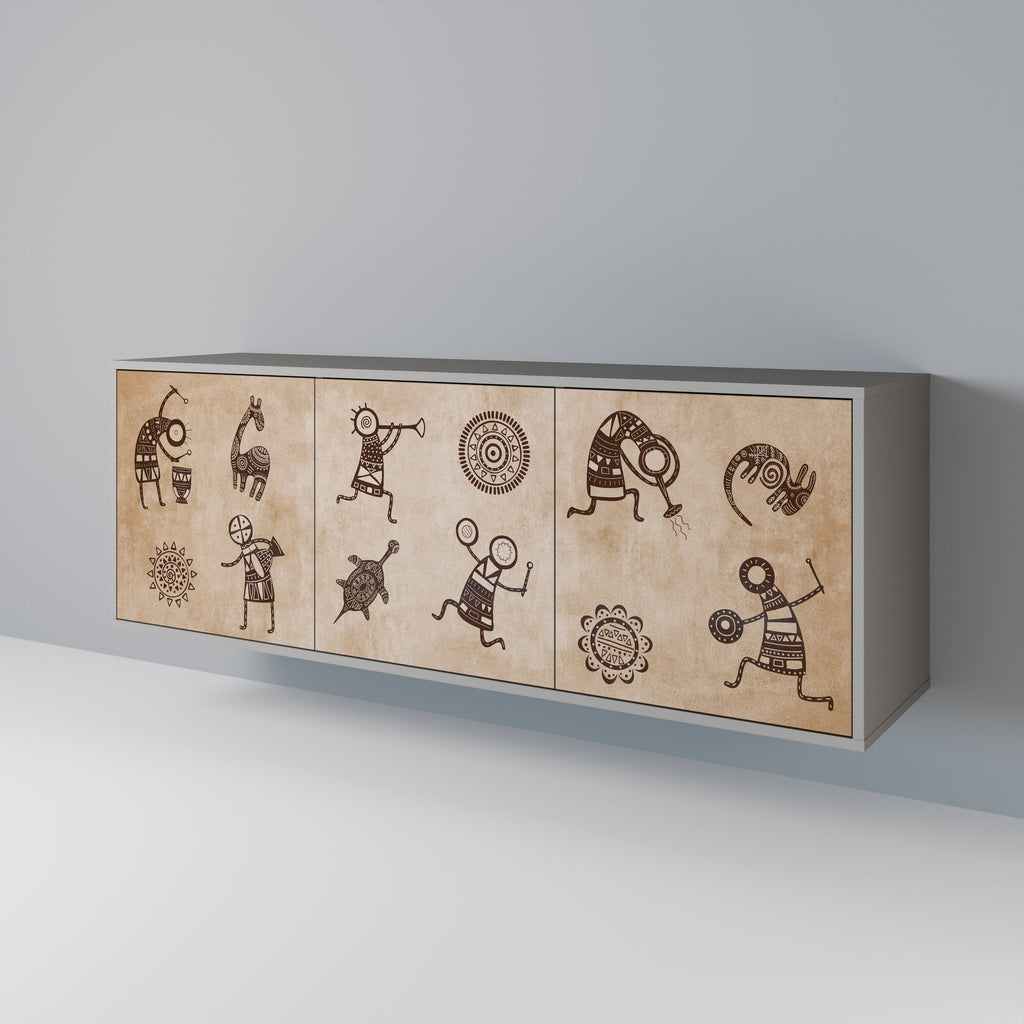 Buffet 3 portes de style africain en finition grise