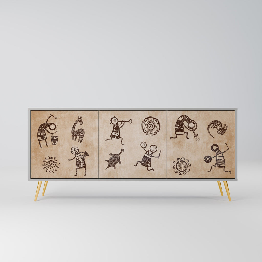 Buffet 3 portes de style africain en finition grise