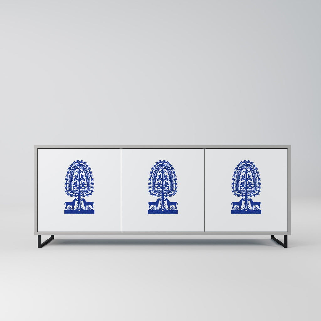 Buffet 3 portes en finition grise, style art populaire polonais