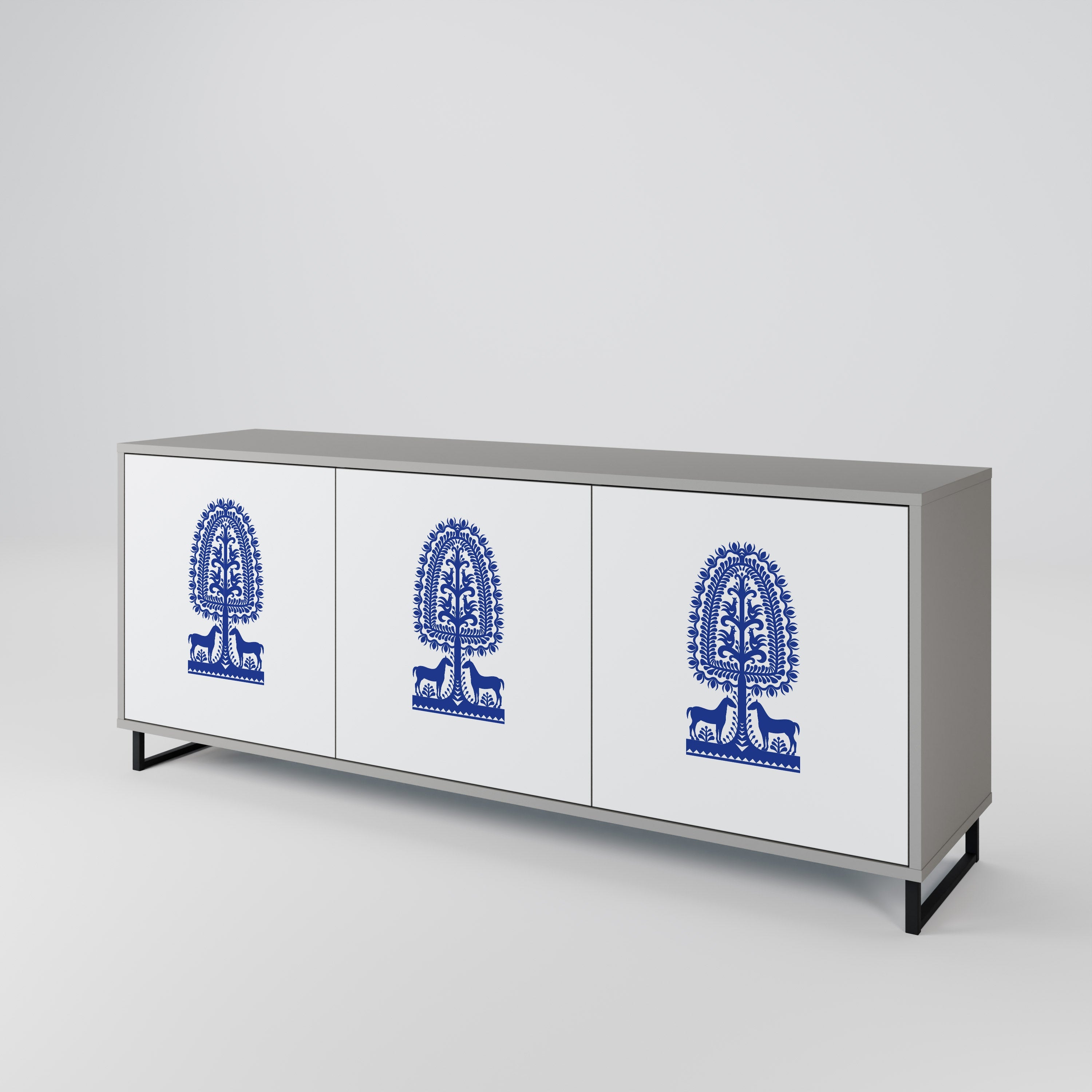 Buffet 3 portes en finition grise, style art populaire polonais