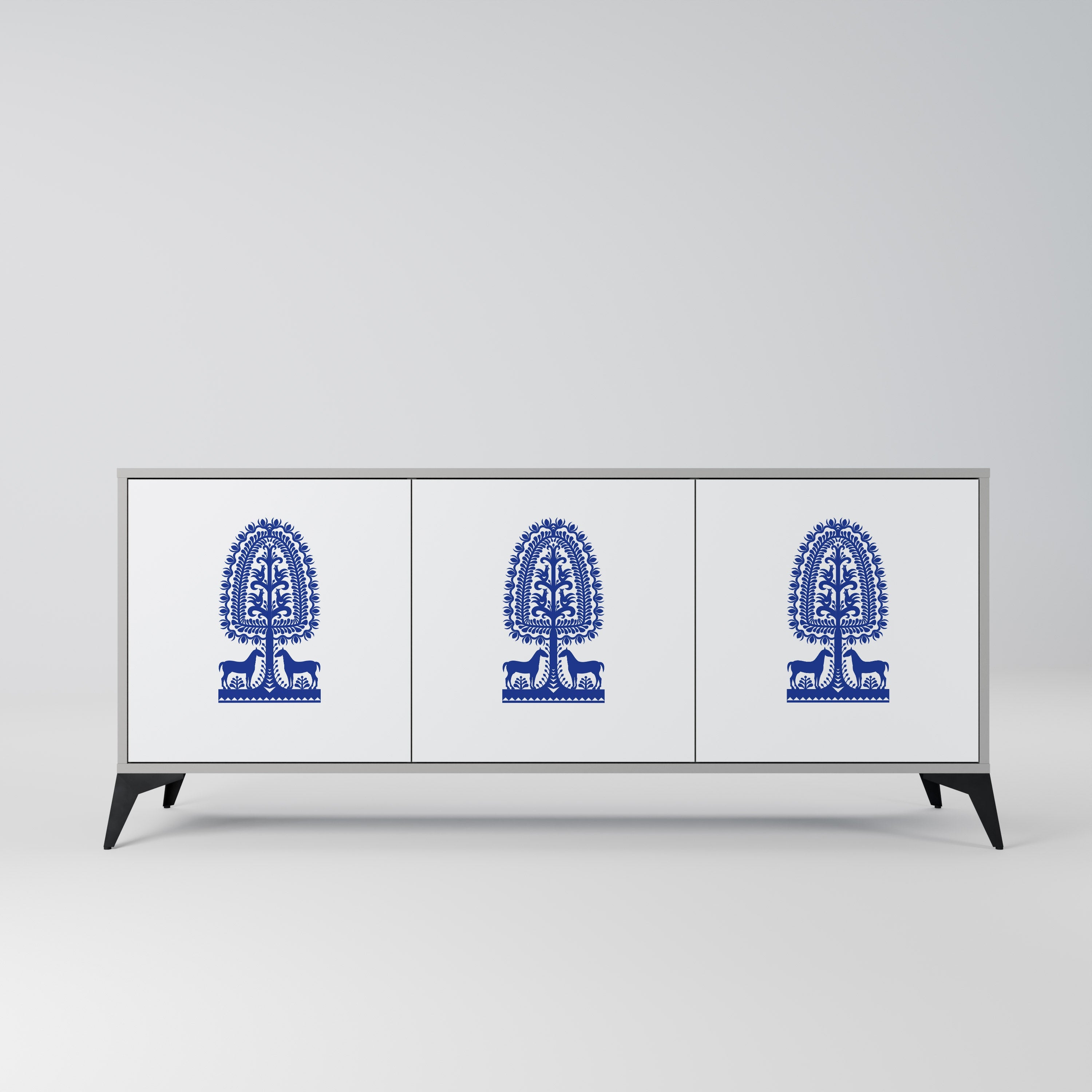 Buffet 3 portes en finition grise, style art populaire polonais