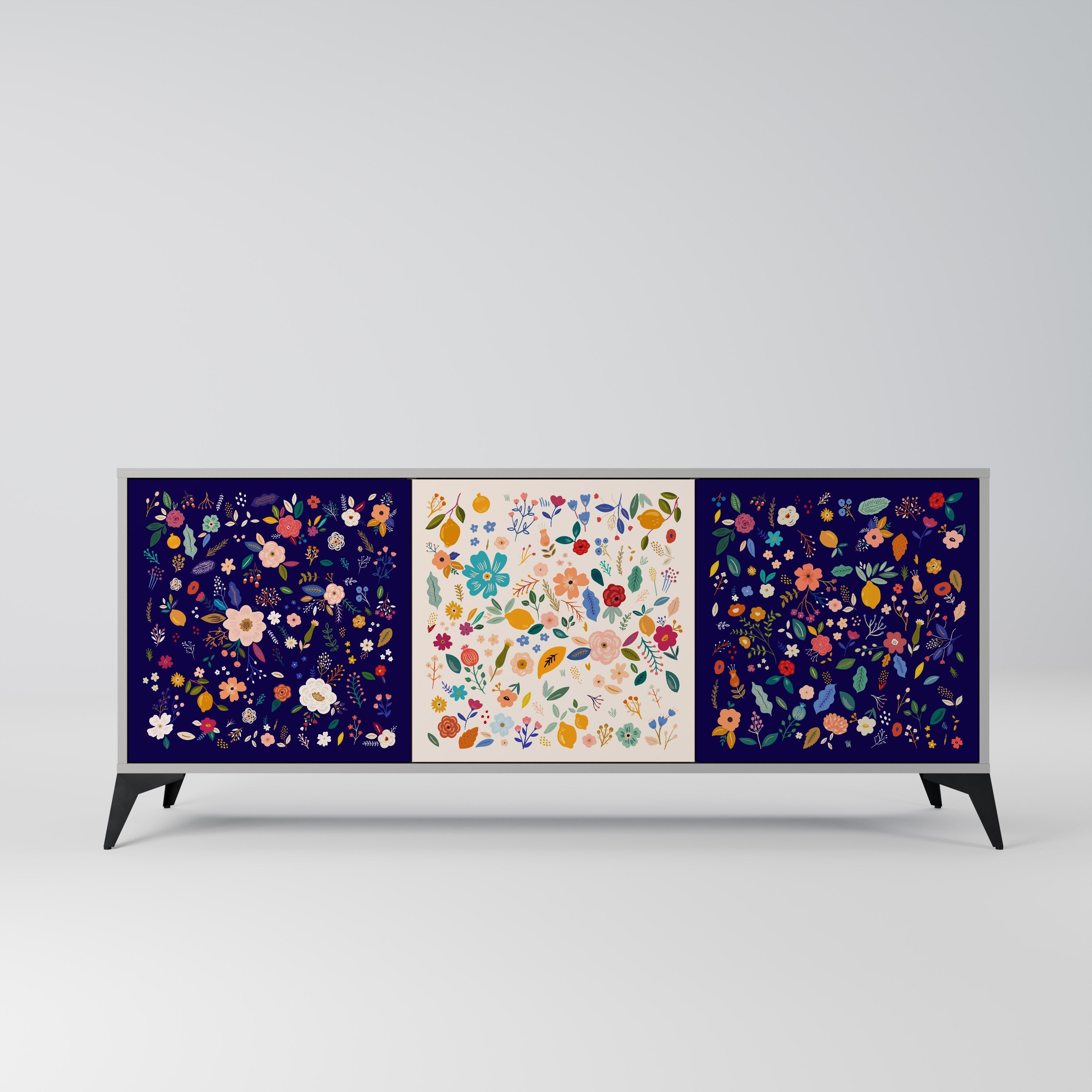 Buffet 3 portes à combinaison florale, finition grise