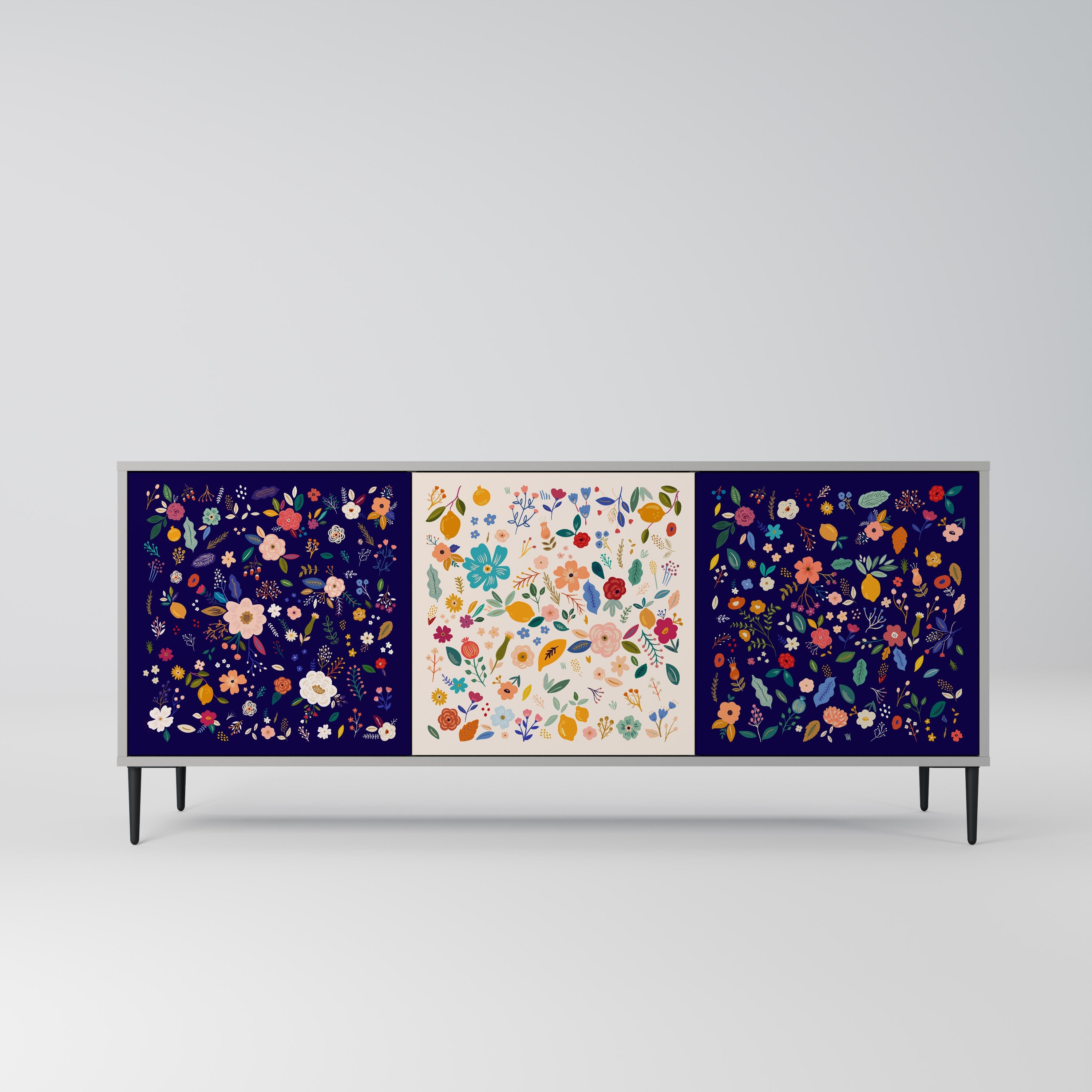 Buffet 3 portes à combinaison florale, finition grise