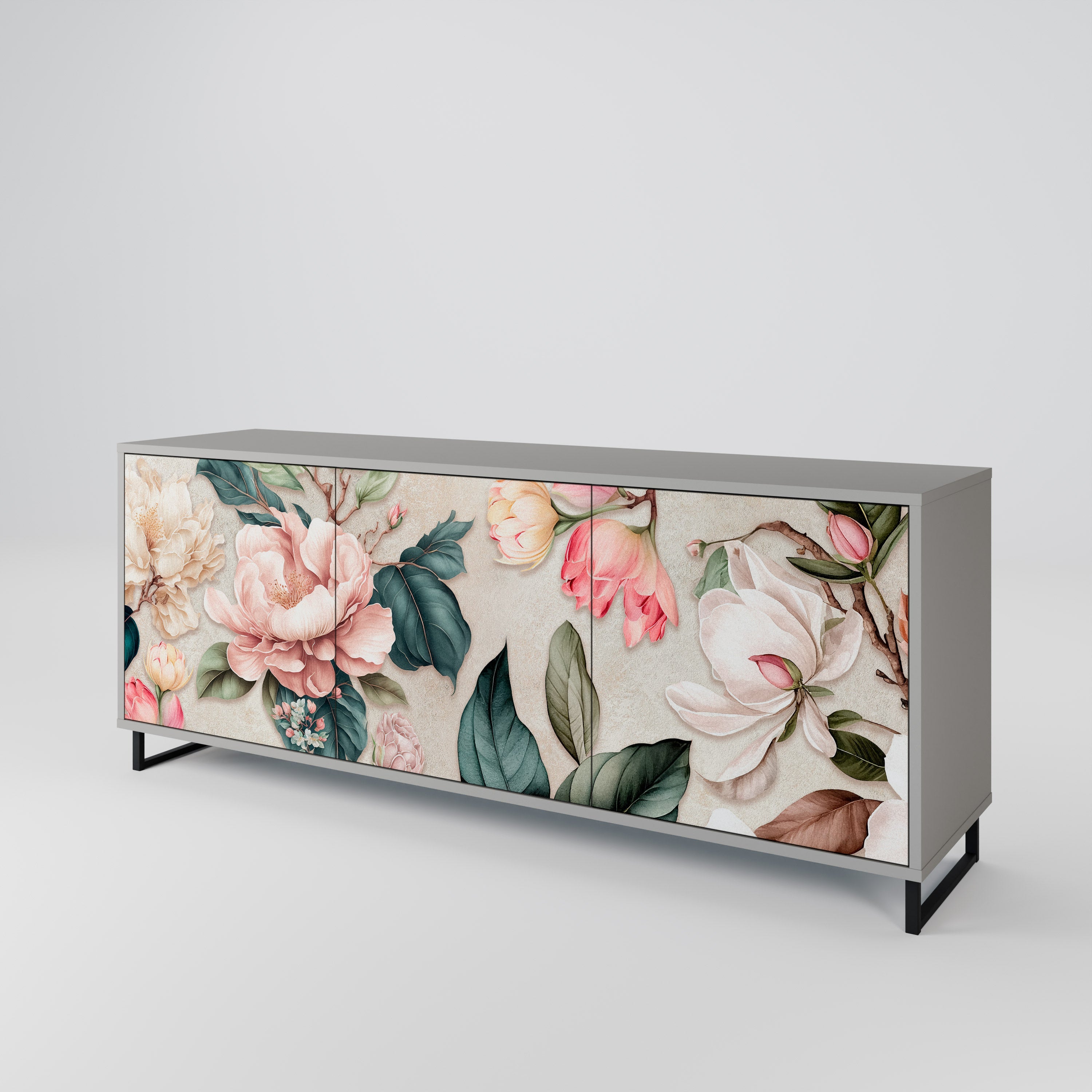 Buffet 3 portes FLORAL GRACE finition grise