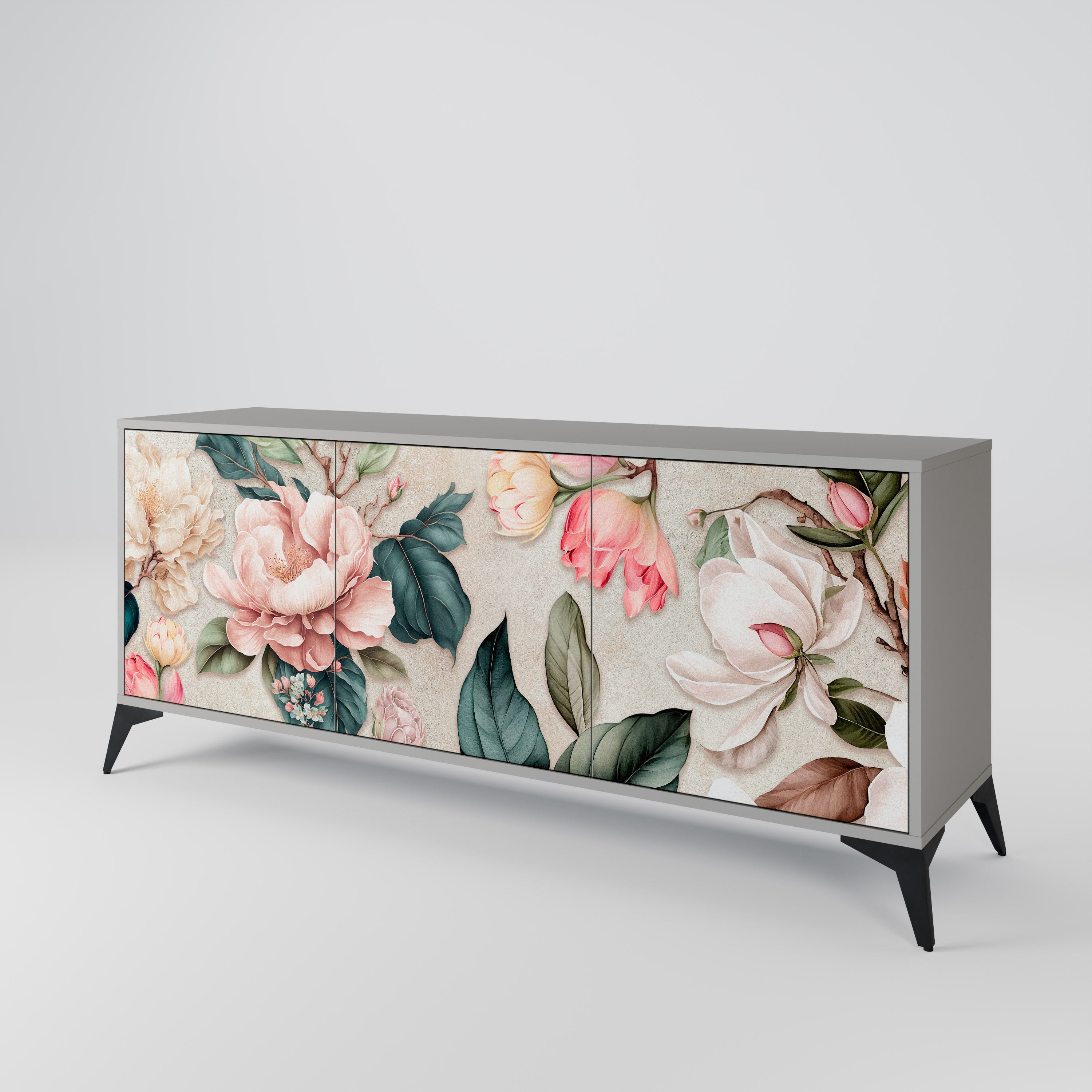 Buffet 3 portes FLORAL GRACE finition grise
