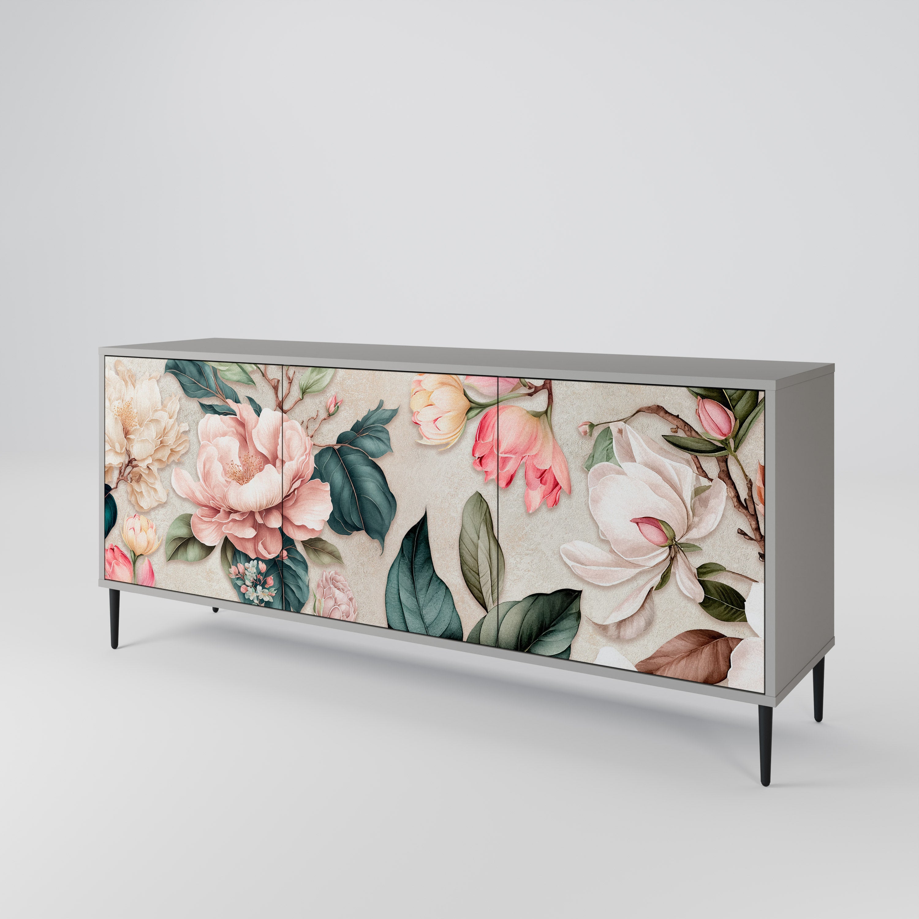 Buffet 3 portes FLORAL GRACE finition grise