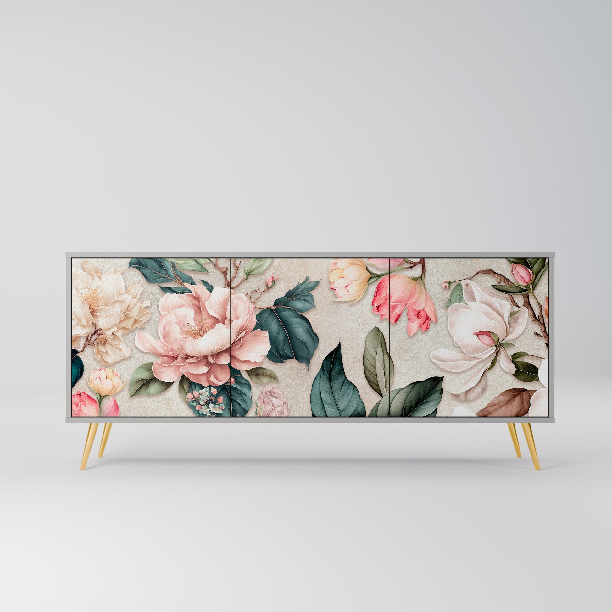 FLORAL GRACE 3-Door Sideboard in Grey Finish