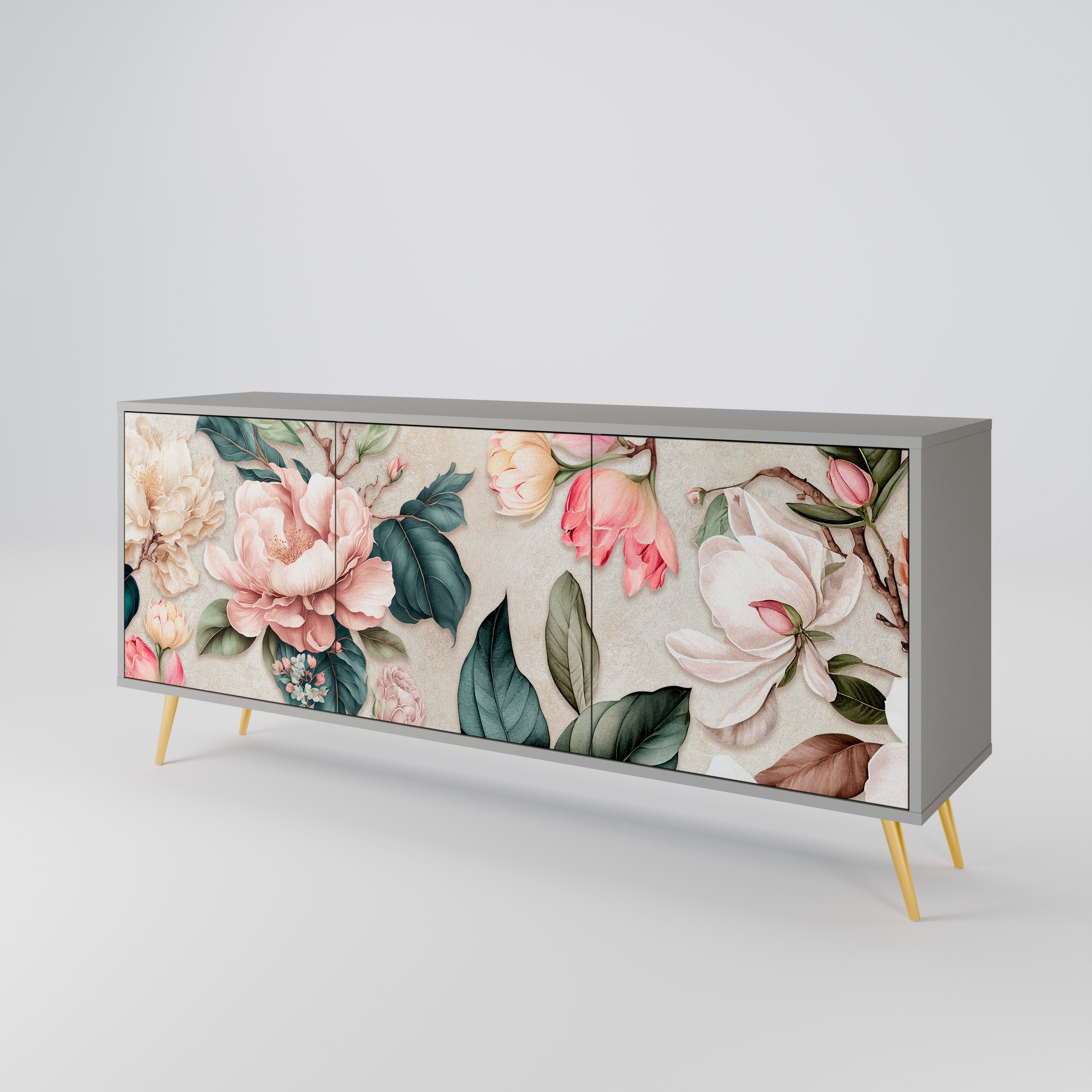 Buffet 3 portes FLORAL GRACE finition grise
