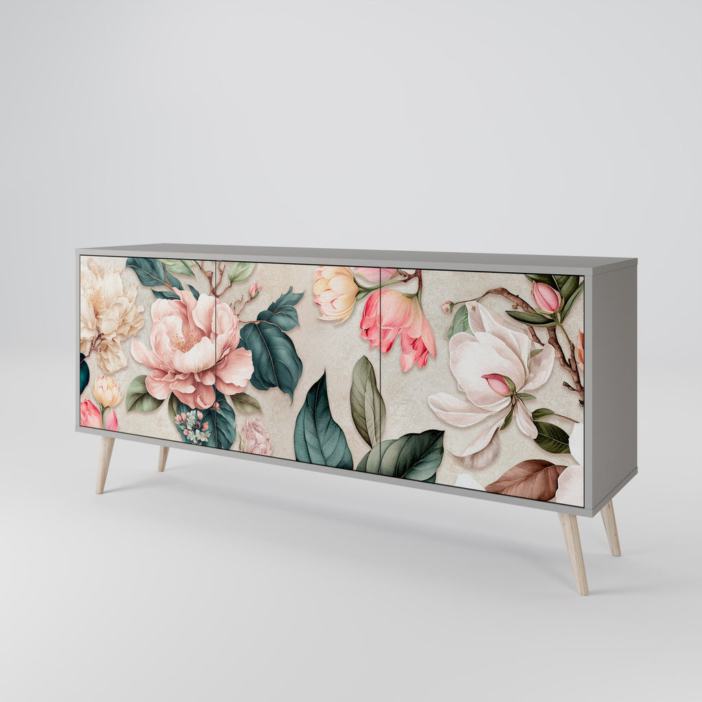 Buffet 3 portes FLORAL GRACE finition grise