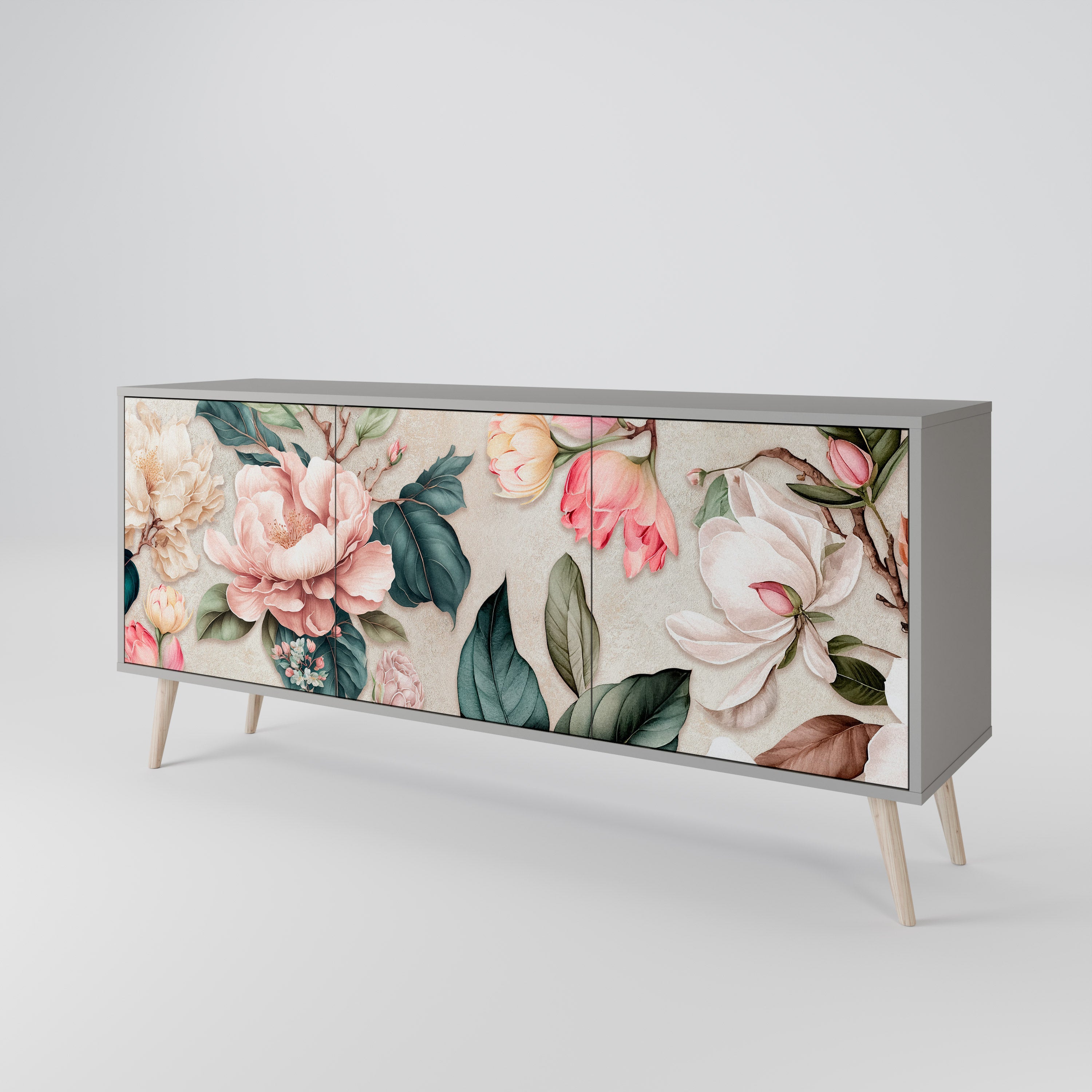 Buffet 3 portes FLORAL GRACE finition grise