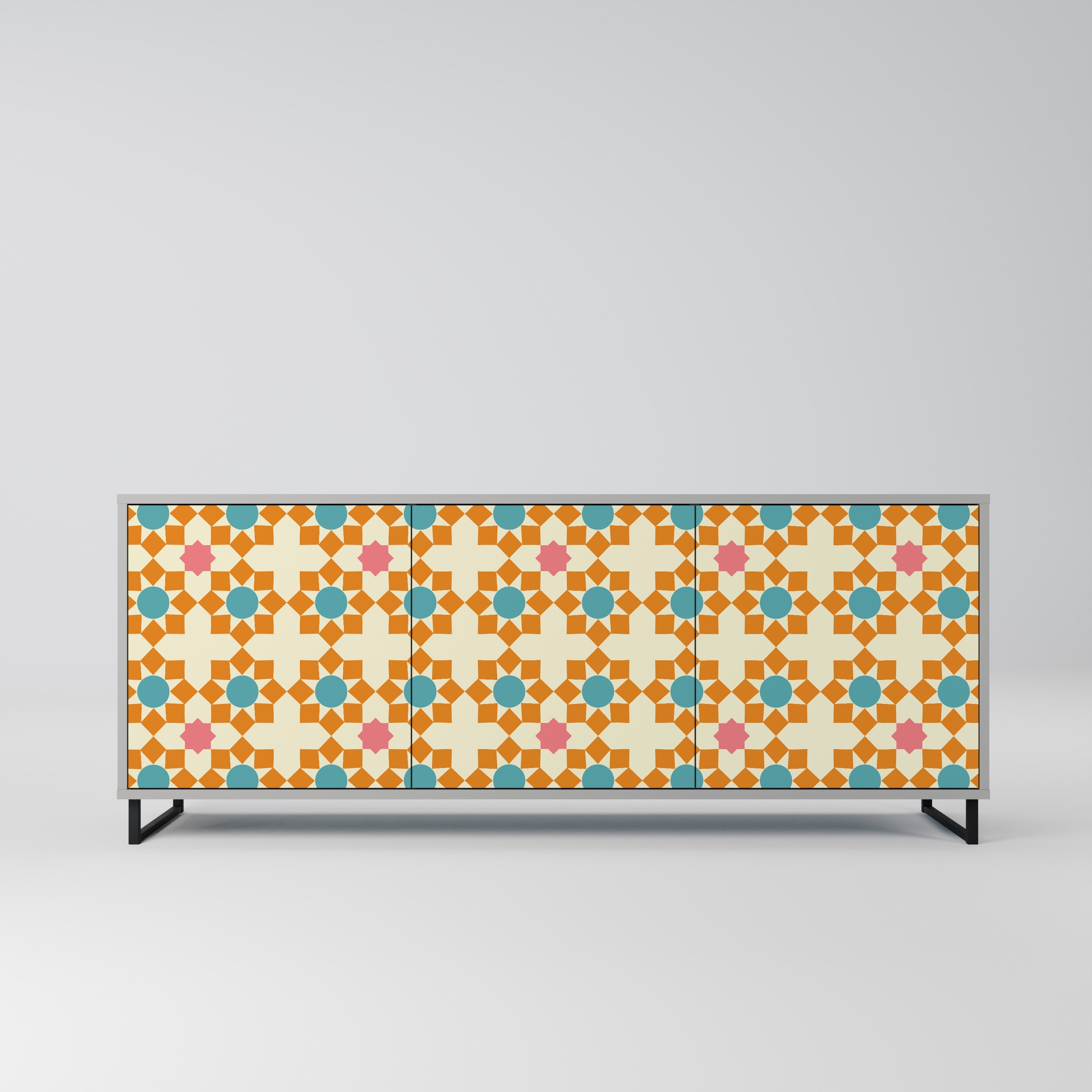 Buffet 3 portes à décor floral, finition grise