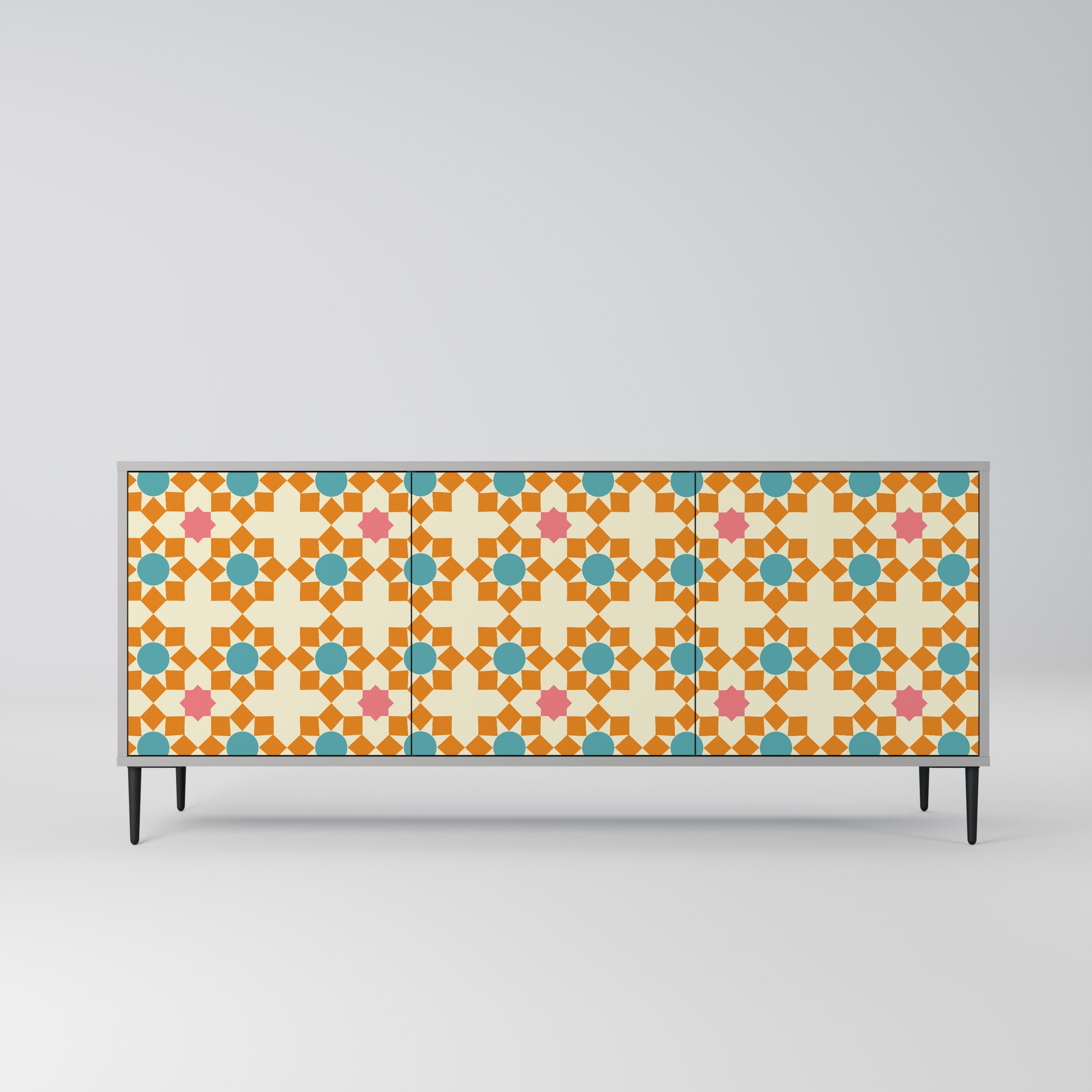 Buffet 3 portes à décor floral, finition grise