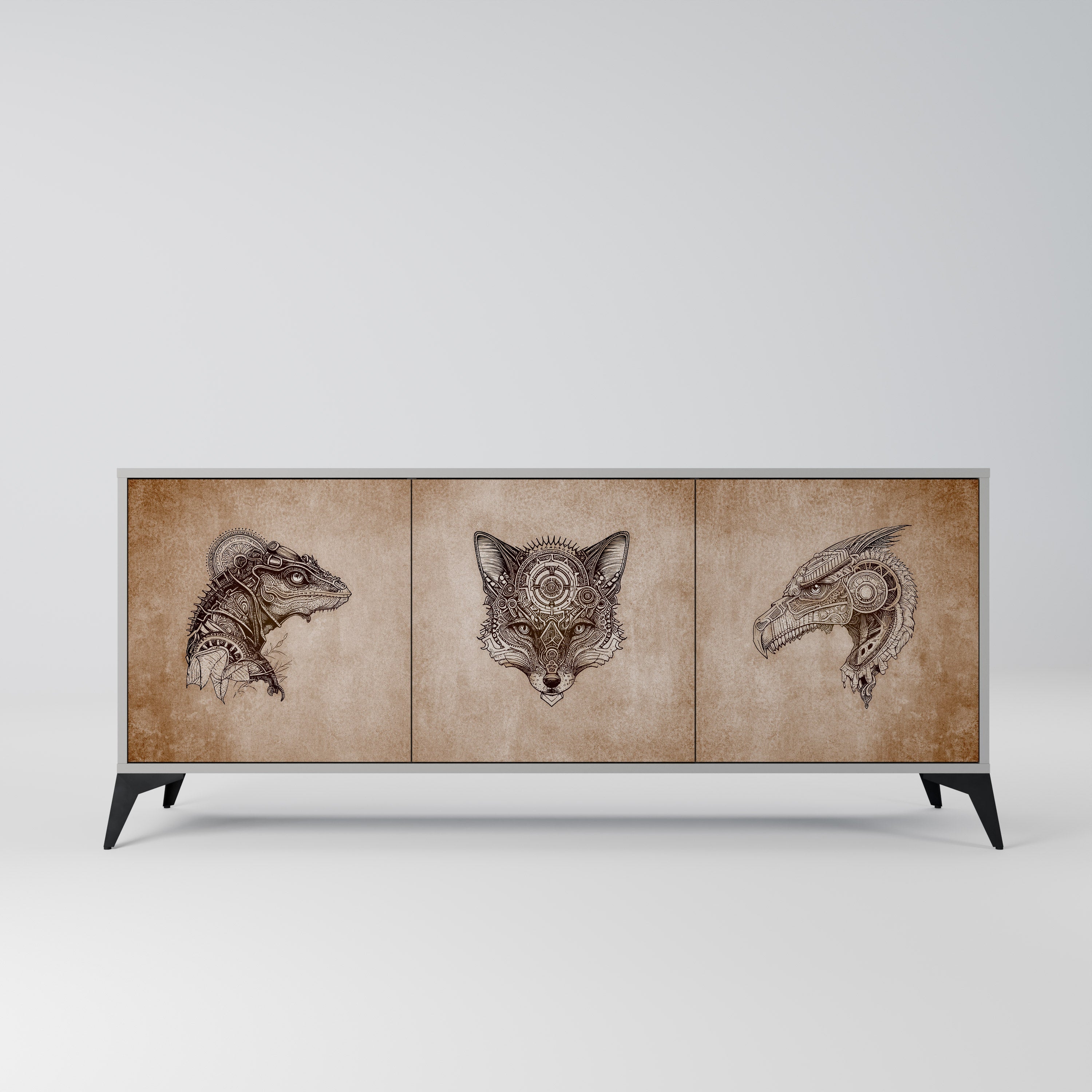 Buffet 3 portes STEAMPUNK CLAN en finition grise