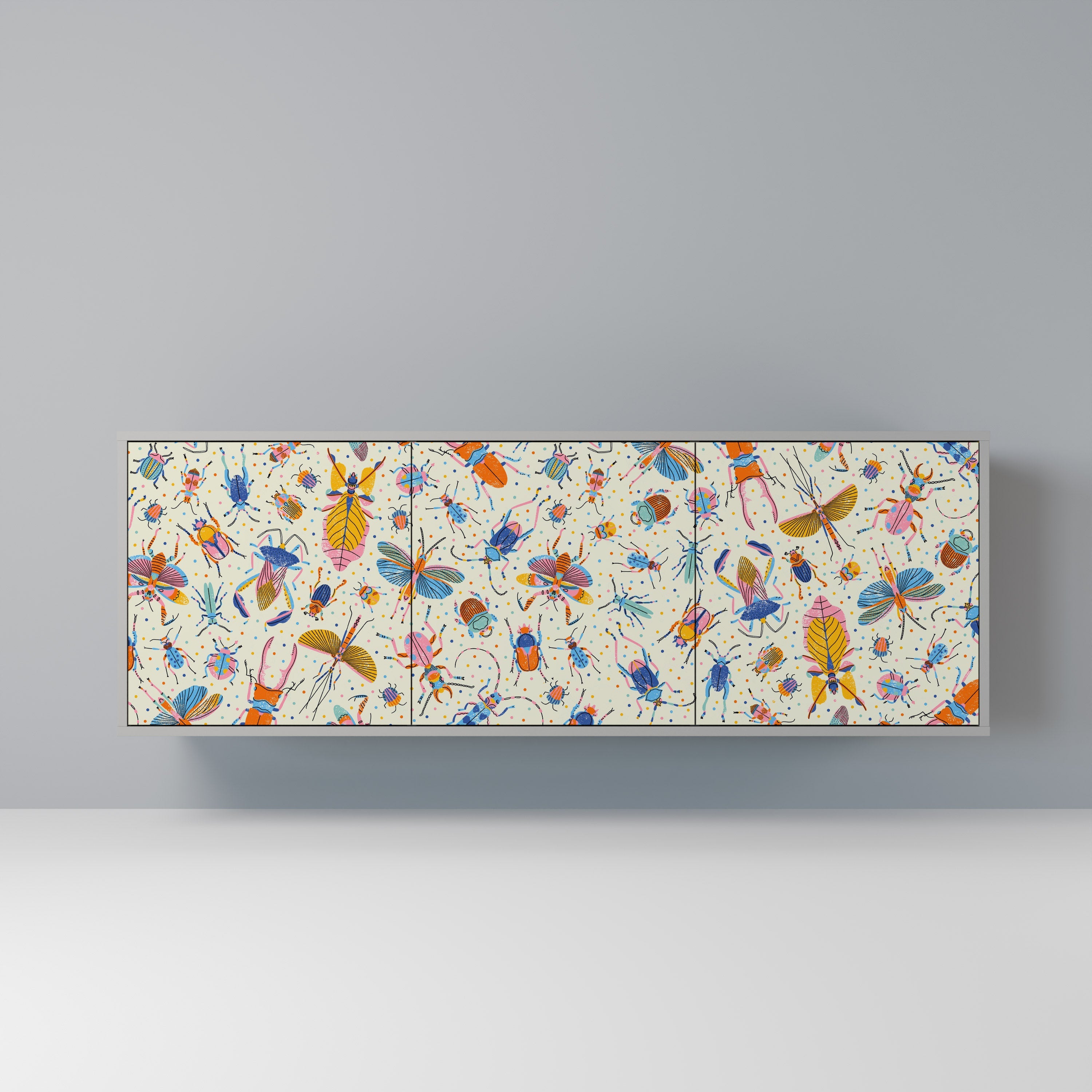 Buffet 3 portes INSECTES COLORÉS en finition grise