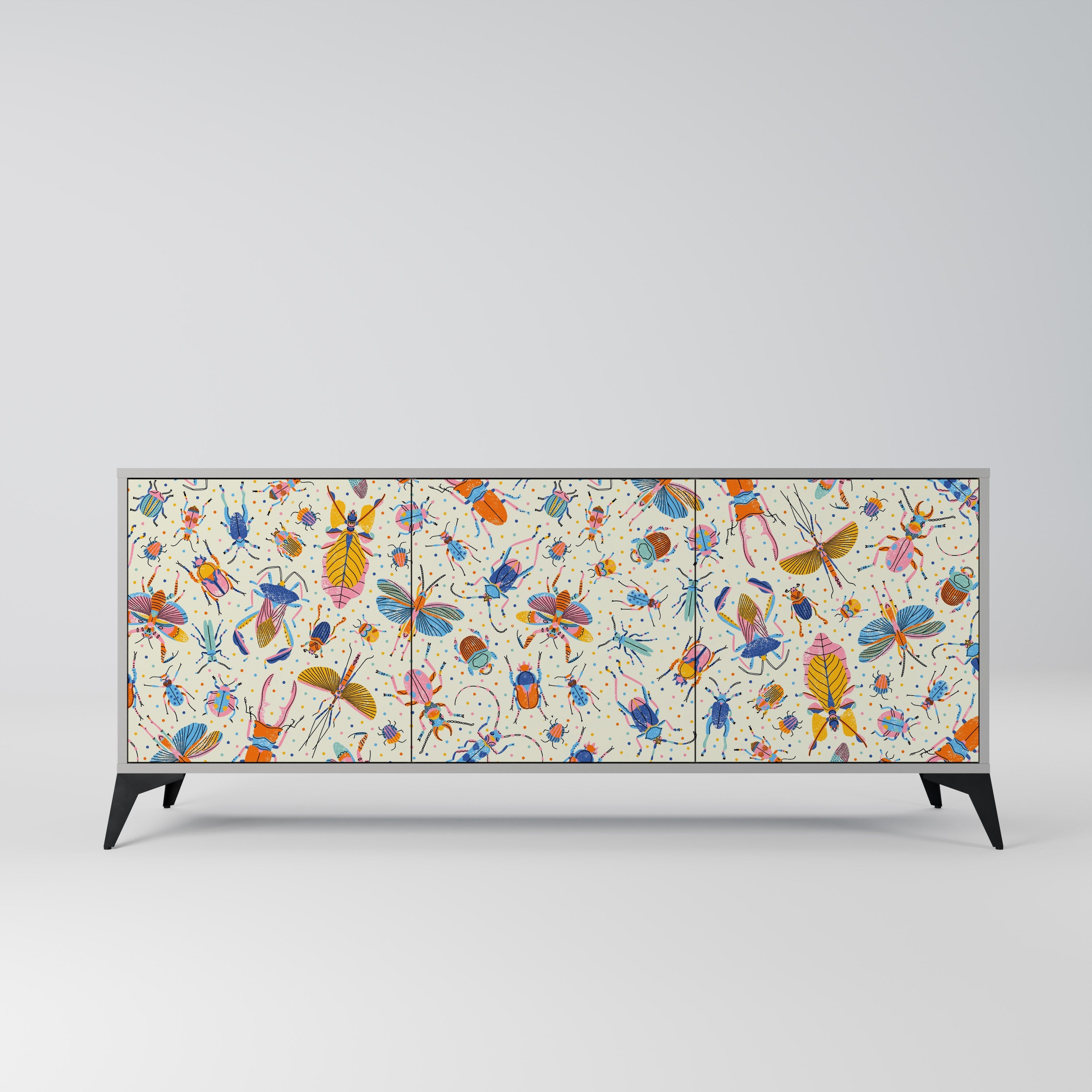 Buffet 3 portes INSECTES COLORÉS en finition grise