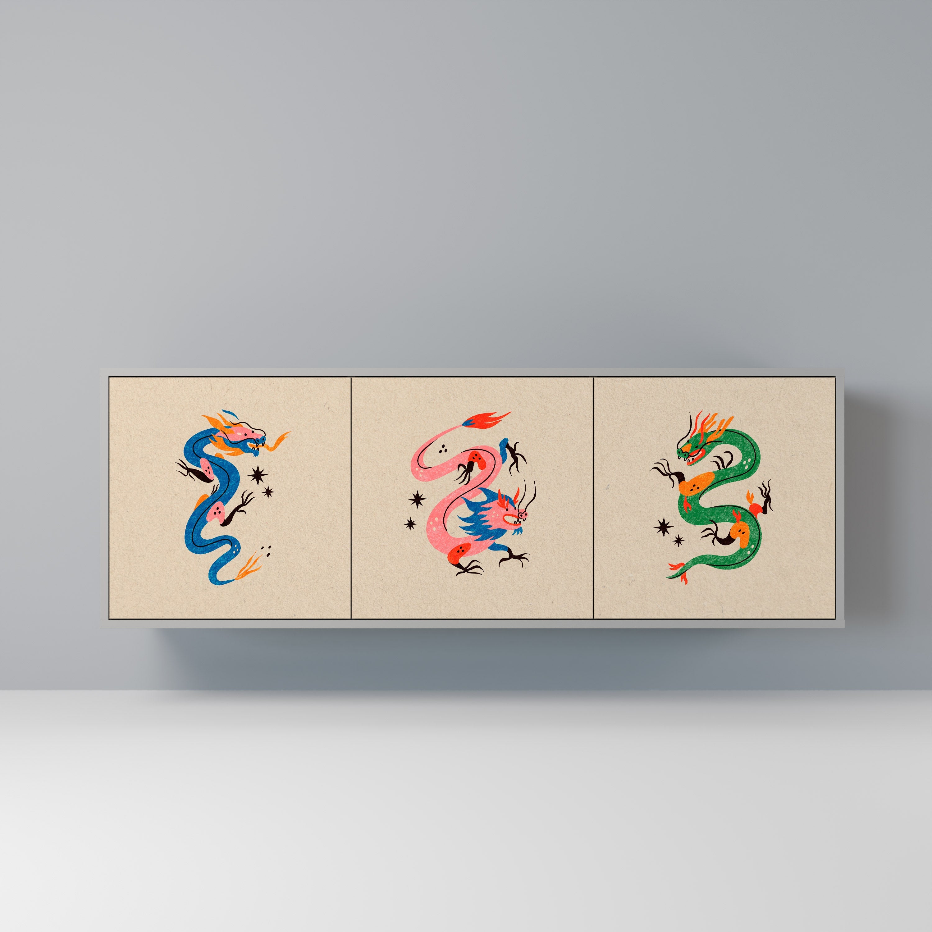 Buffet 3 portes CRÉATURES MYTHOLOGIQUES en finition grise