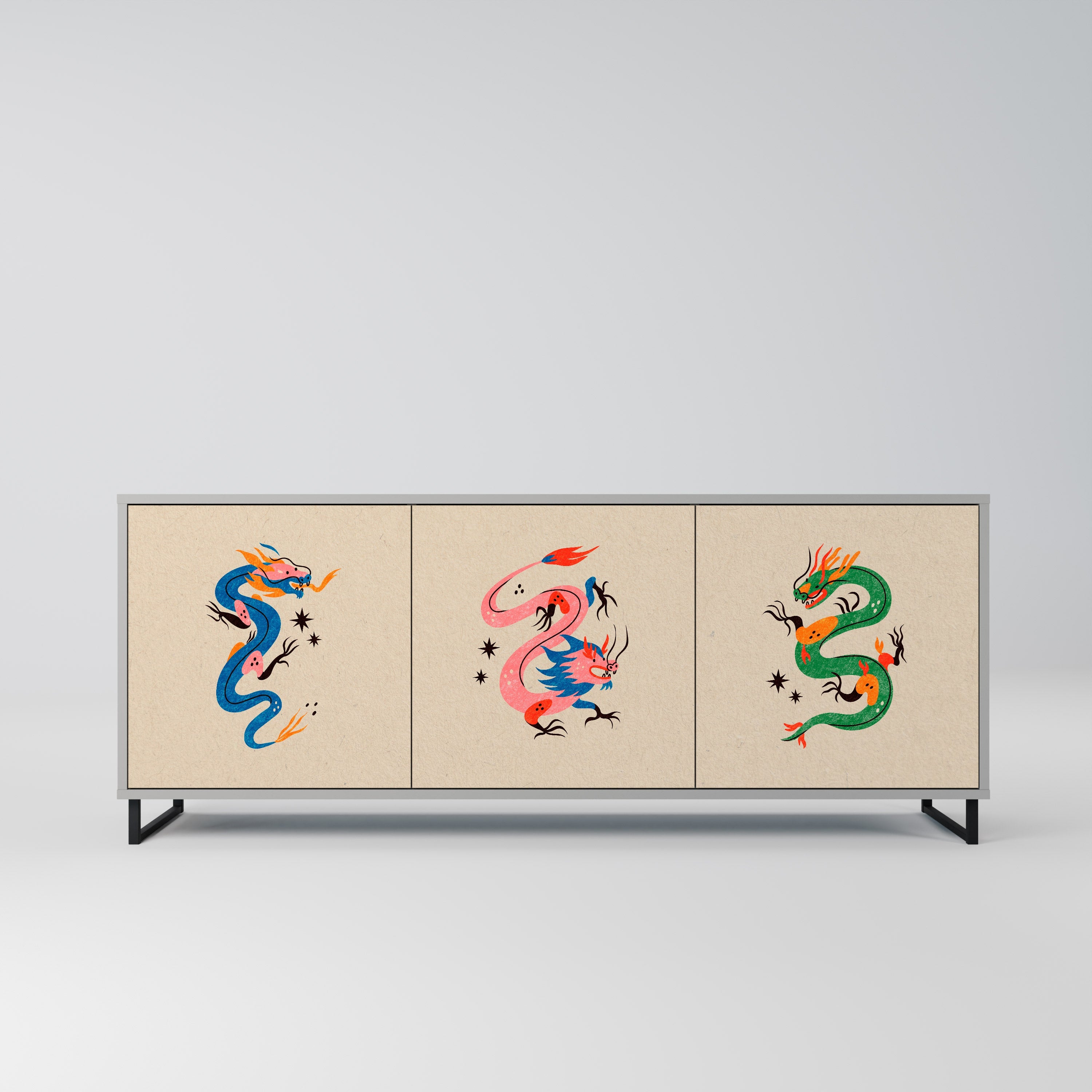 Buffet 3 portes CRÉATURES MYTHOLOGIQUES en finition grise