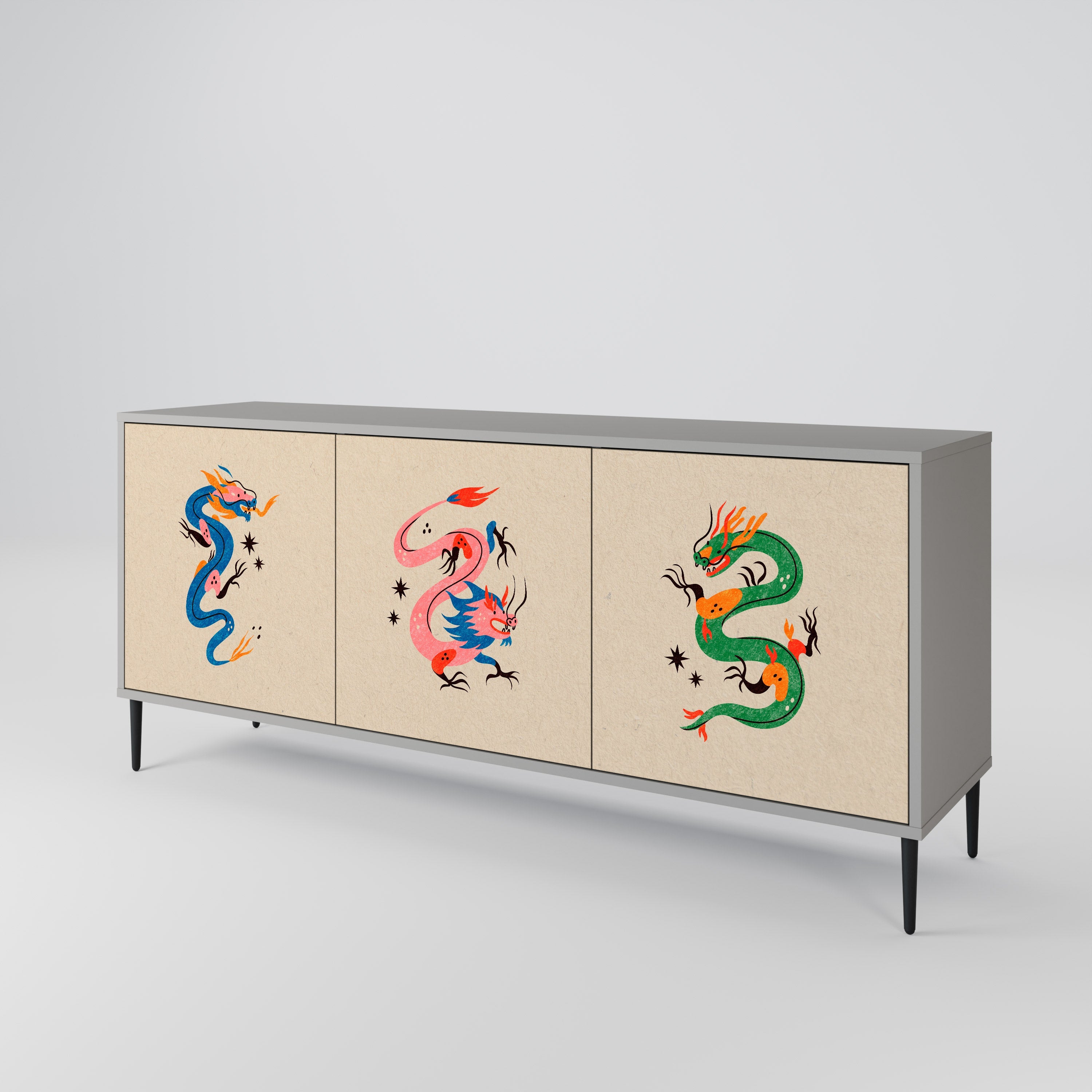 Buffet 3 portes CRÉATURES MYTHOLOGIQUES en finition grise