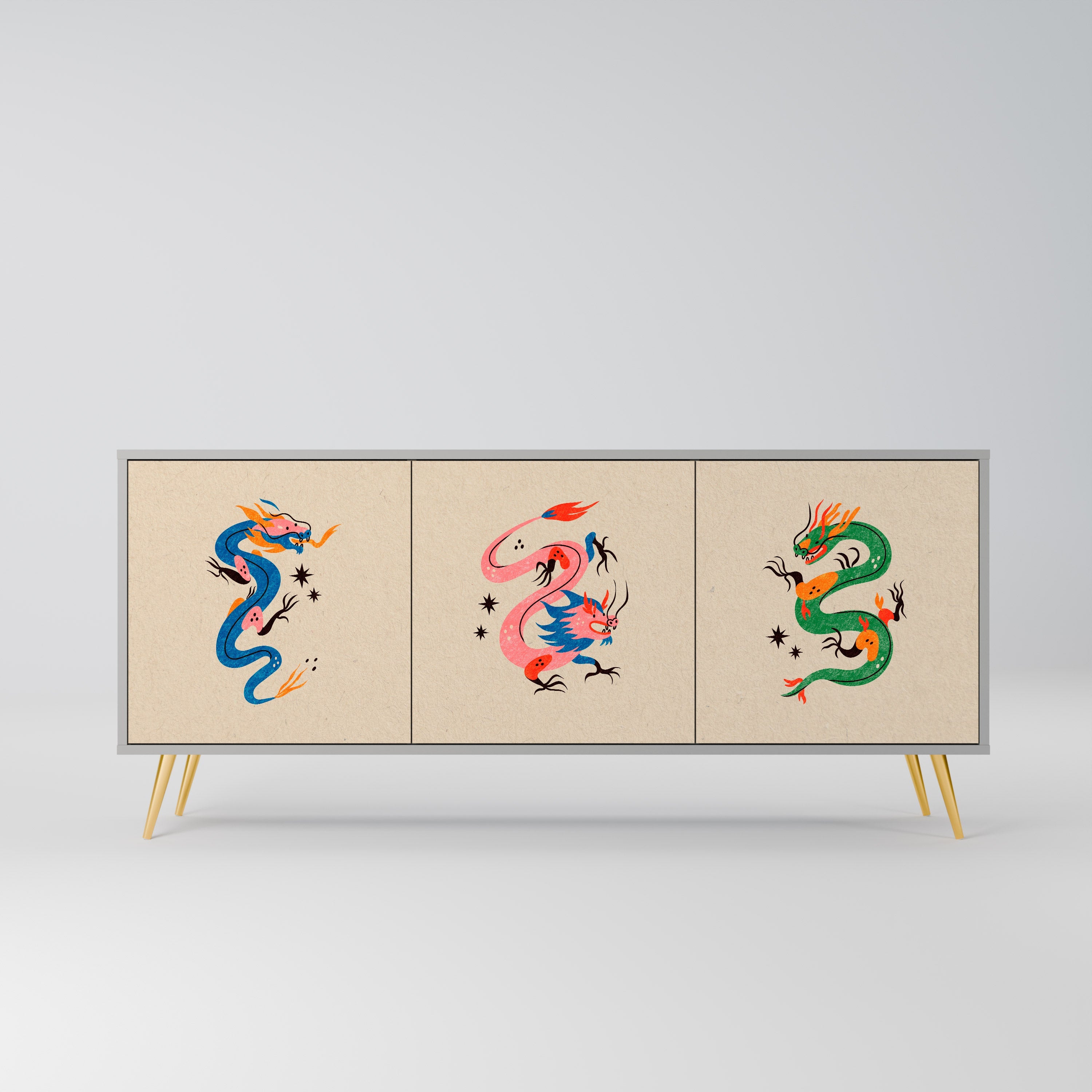 Buffet 3 portes CRÉATURES MYTHOLOGIQUES en finition grise