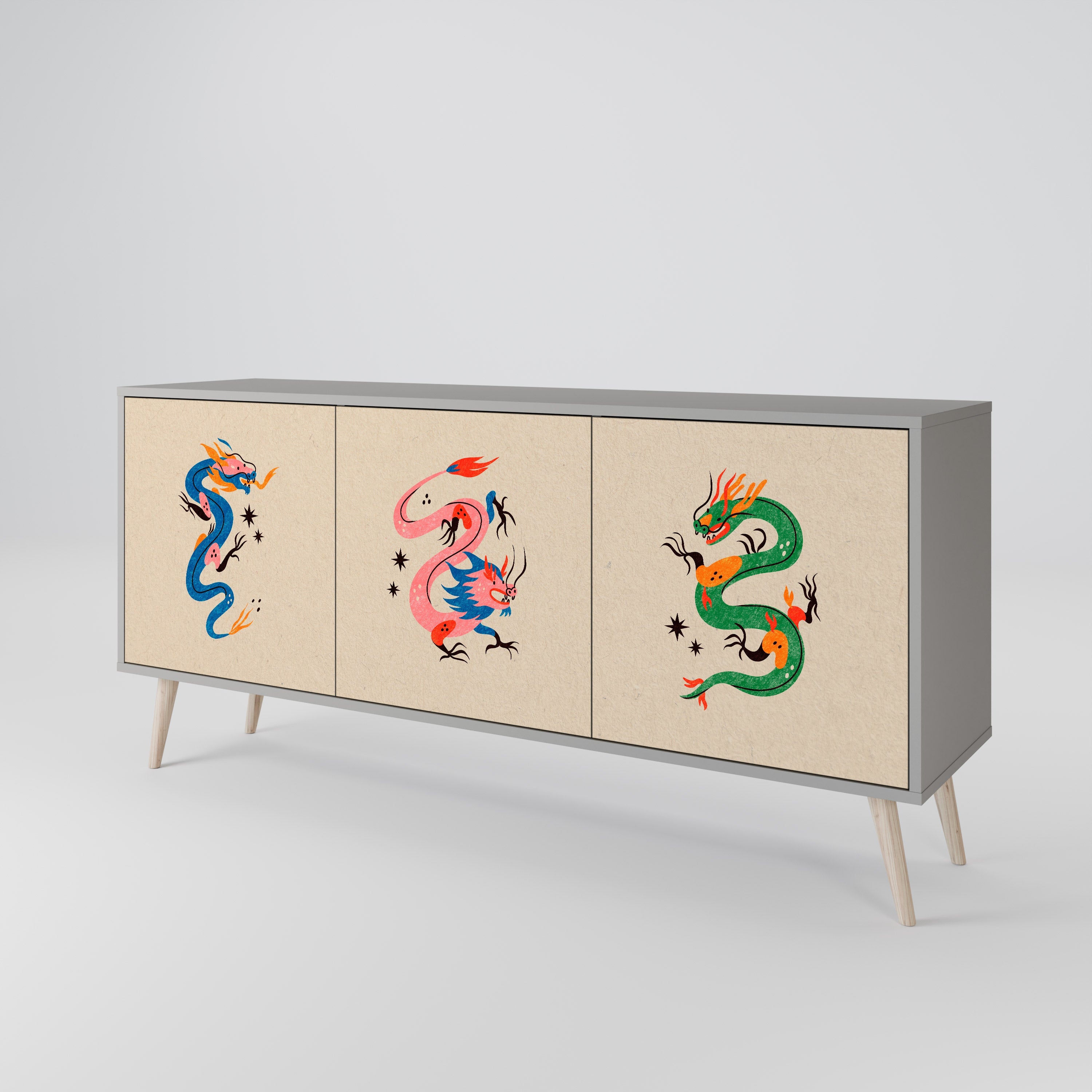 Buffet 3 portes CRÉATURES MYTHOLOGIQUES en finition grise