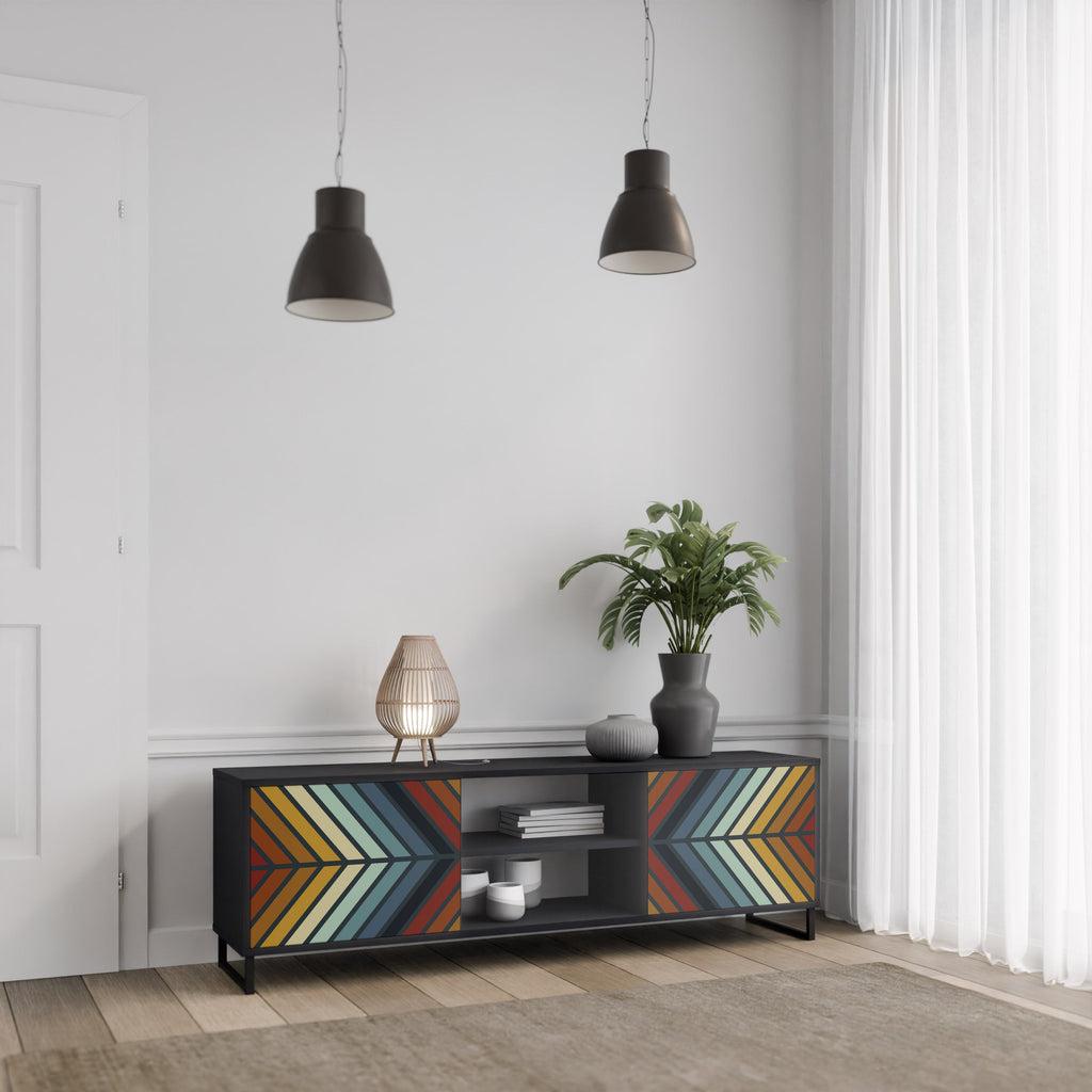 Meuble TV 2 portes INDIGENOUS ZIGZAG, finition noire