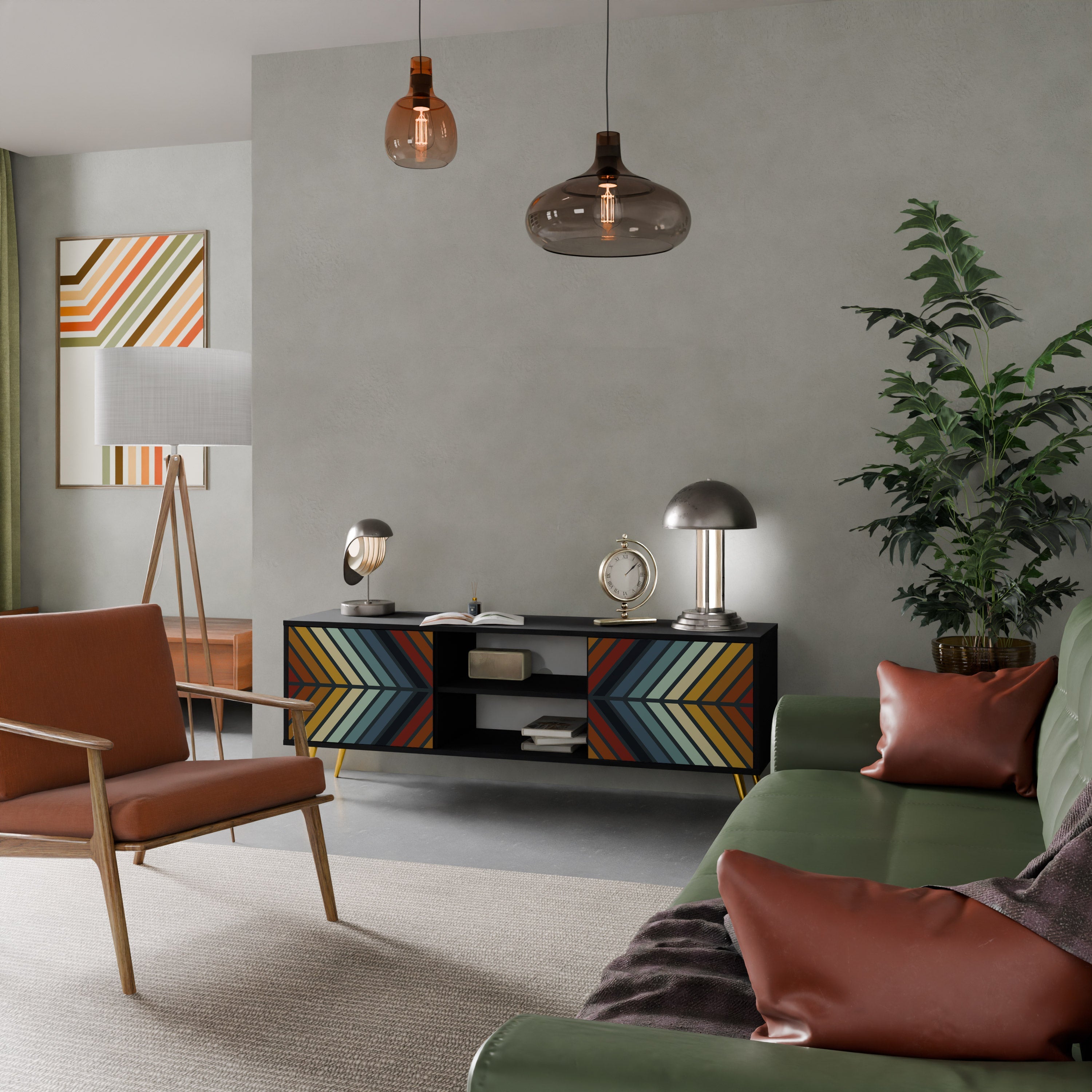 Meuble TV 2 portes INDIGENOUS ZIGZAG, finition noire