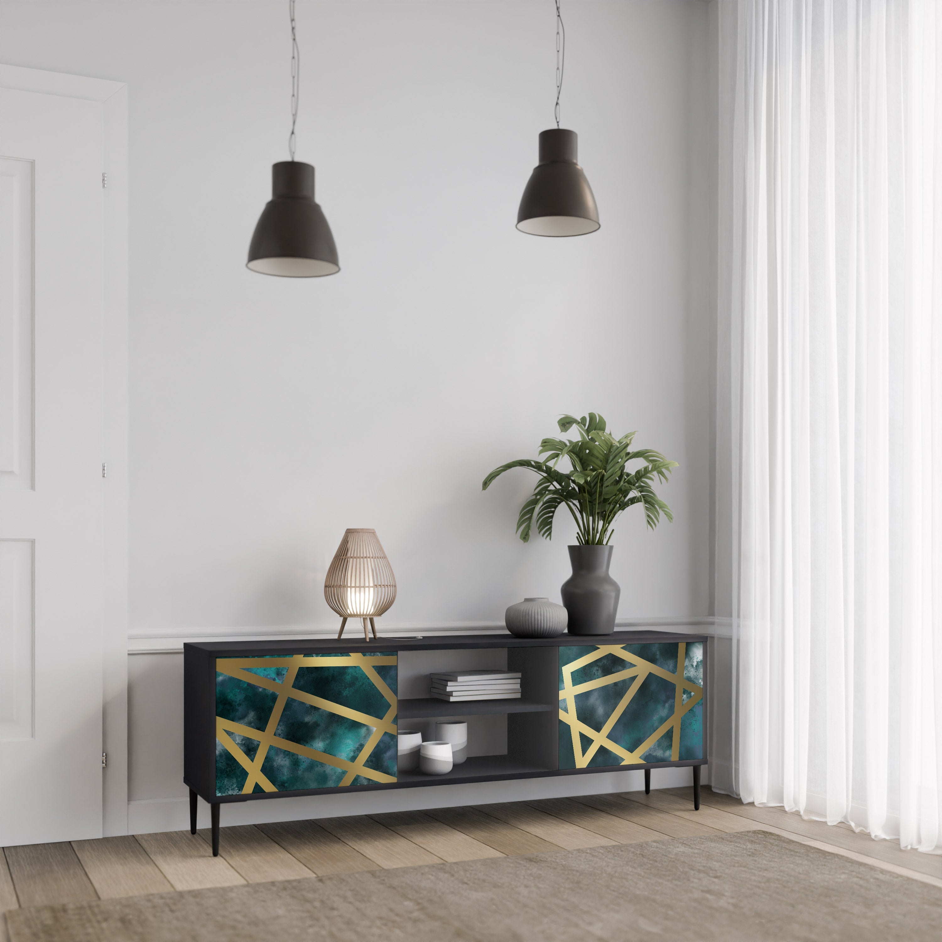 Meuble TV 2 portes LE LABYRINTHE D'OR en finition noire