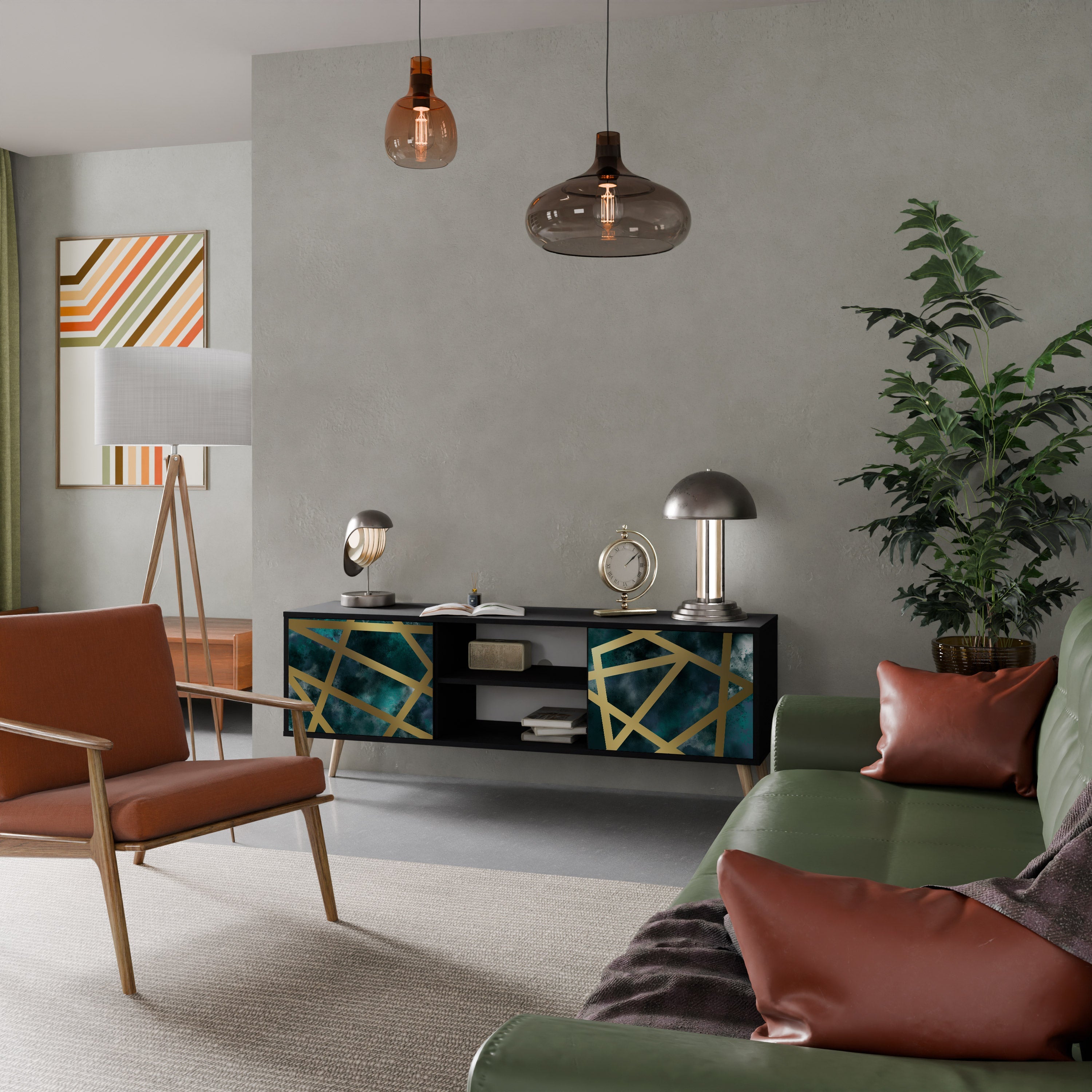 Meuble TV 2 portes LE LABYRINTHE D'OR en finition noire