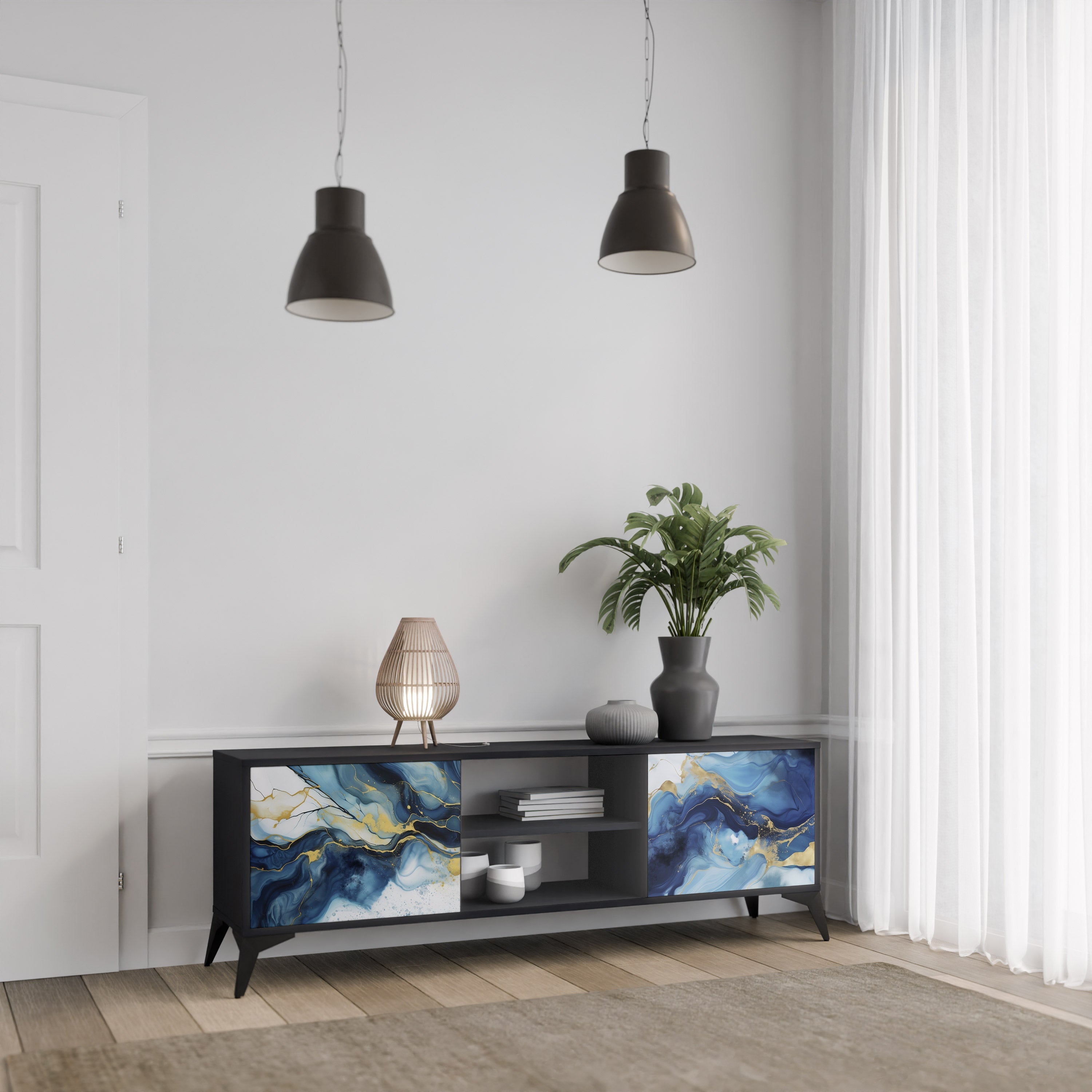 Meuble TV 2 portes INKY MARBLE finition noire