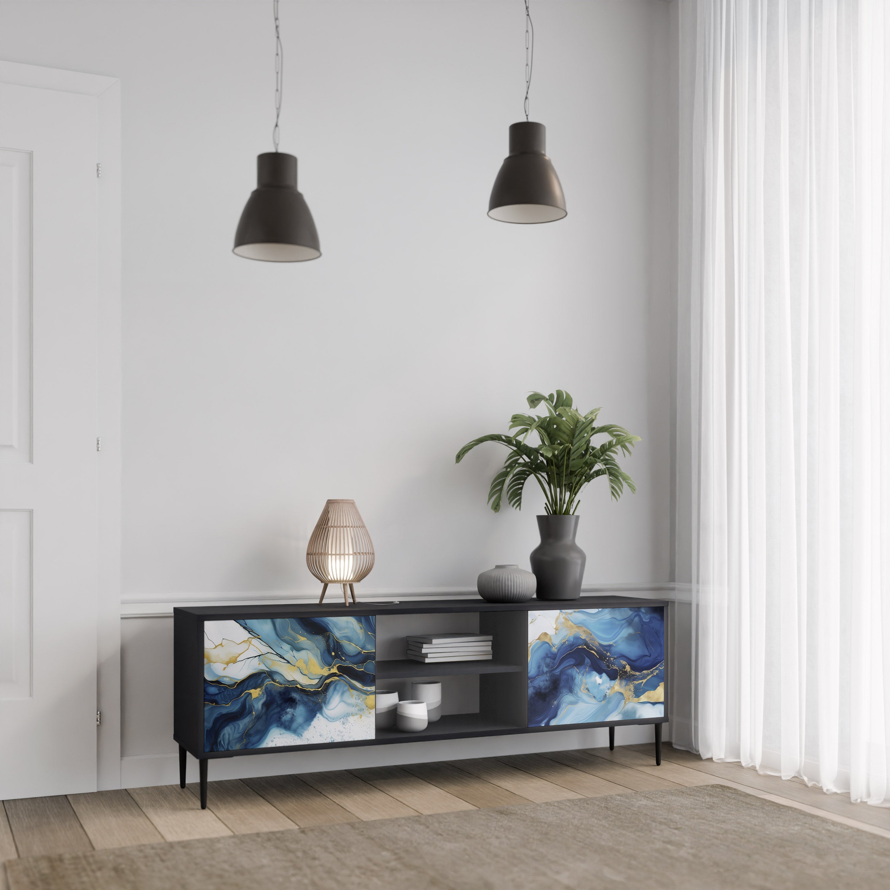 Meuble TV 2 portes INKY MARBLE finition noire