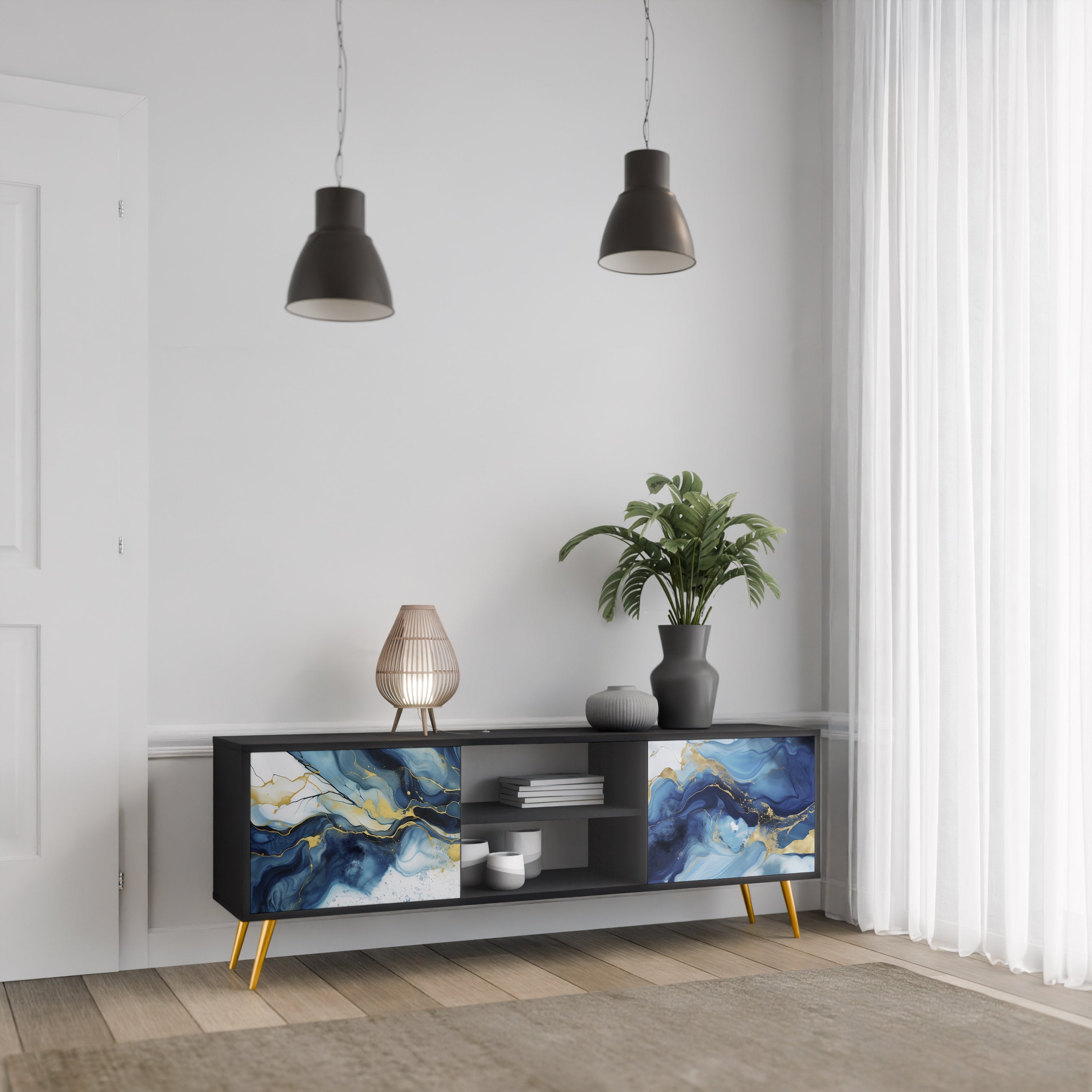 Meuble TV 2 portes INKY MARBLE finition noire