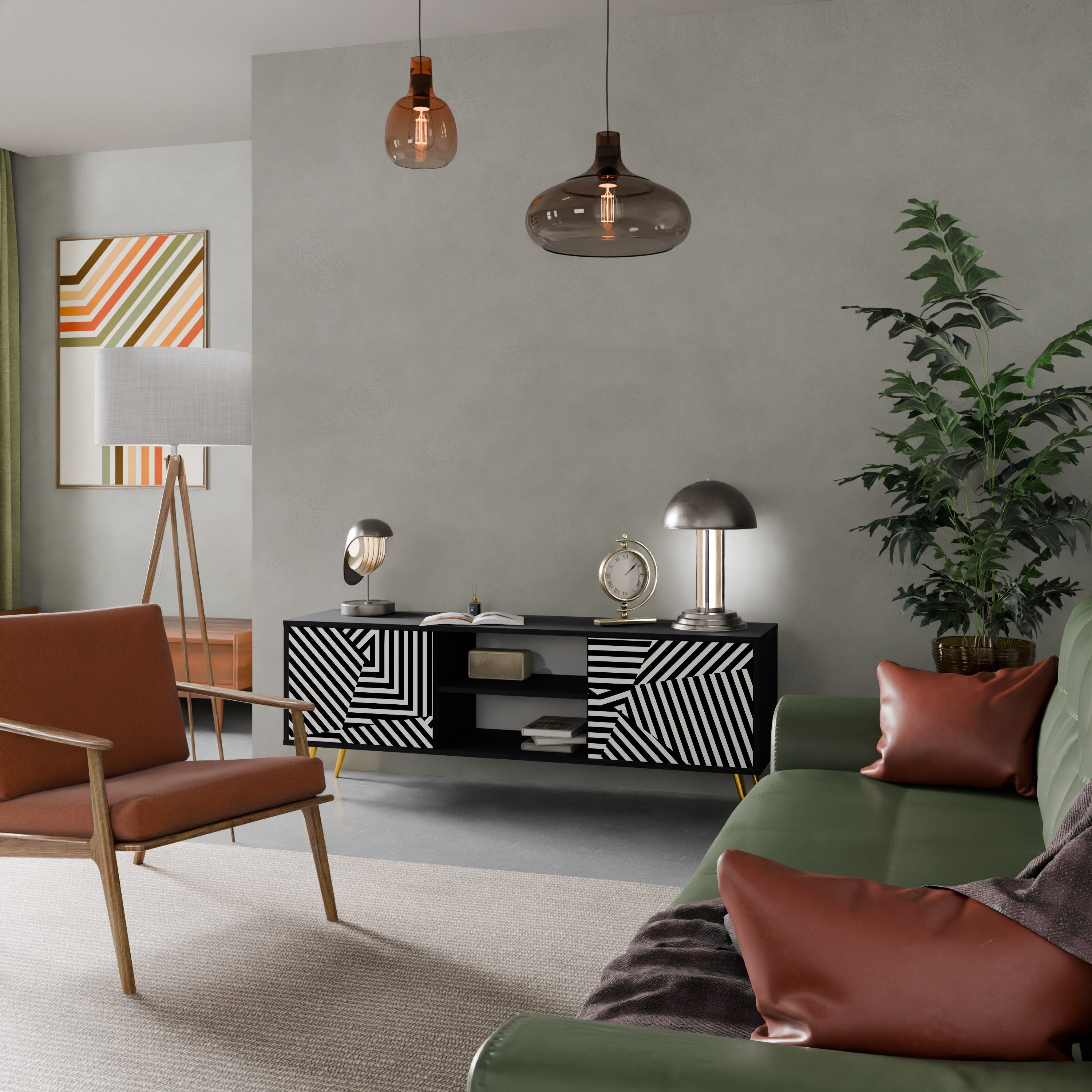 Meuble TV 2 portes ILLUSIONARY LATTICE en finition noire