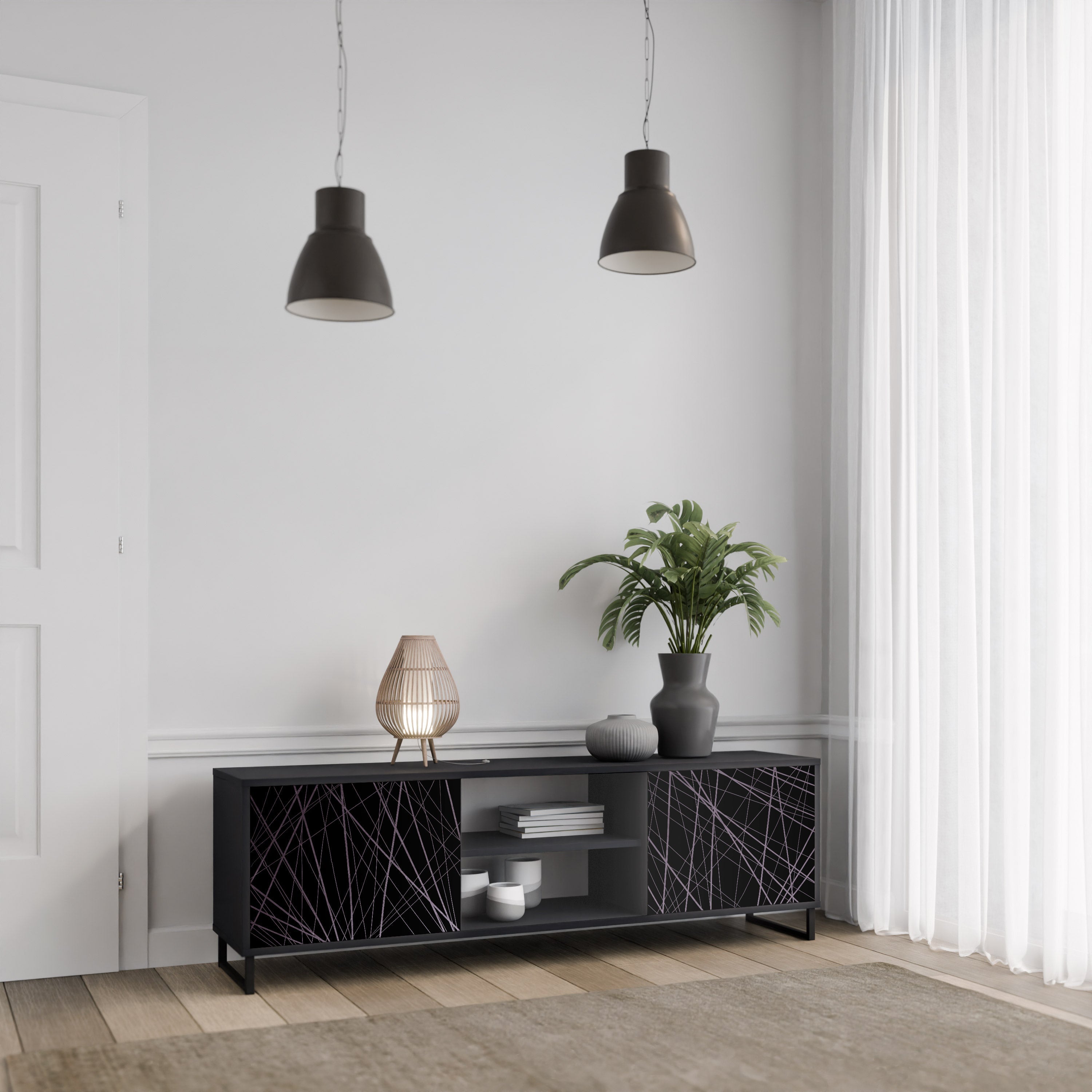 Meuble TV 2 portes SHIMMER SPIDERGRAM en finition noire