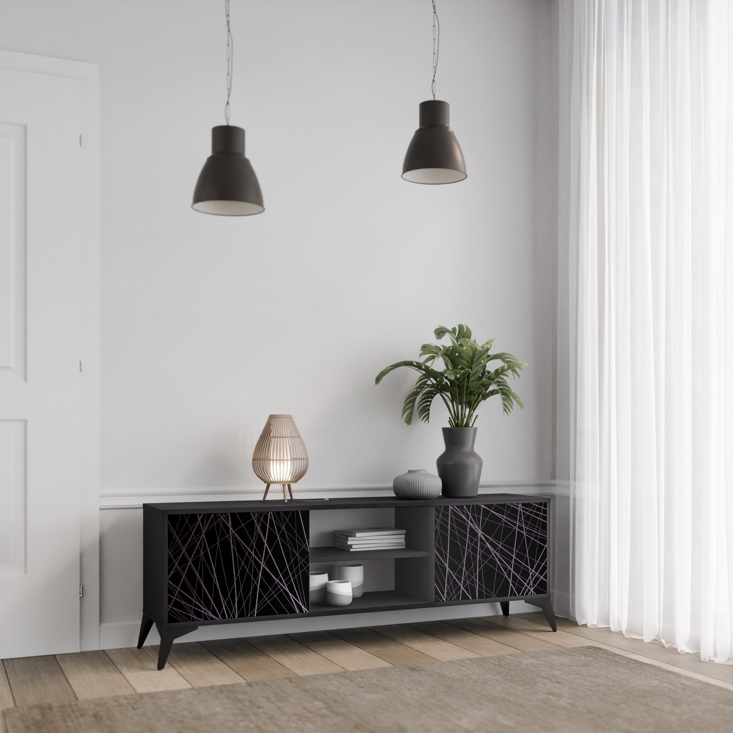 Meuble TV 2 portes SHIMMER SPIDERGRAM en finition noire