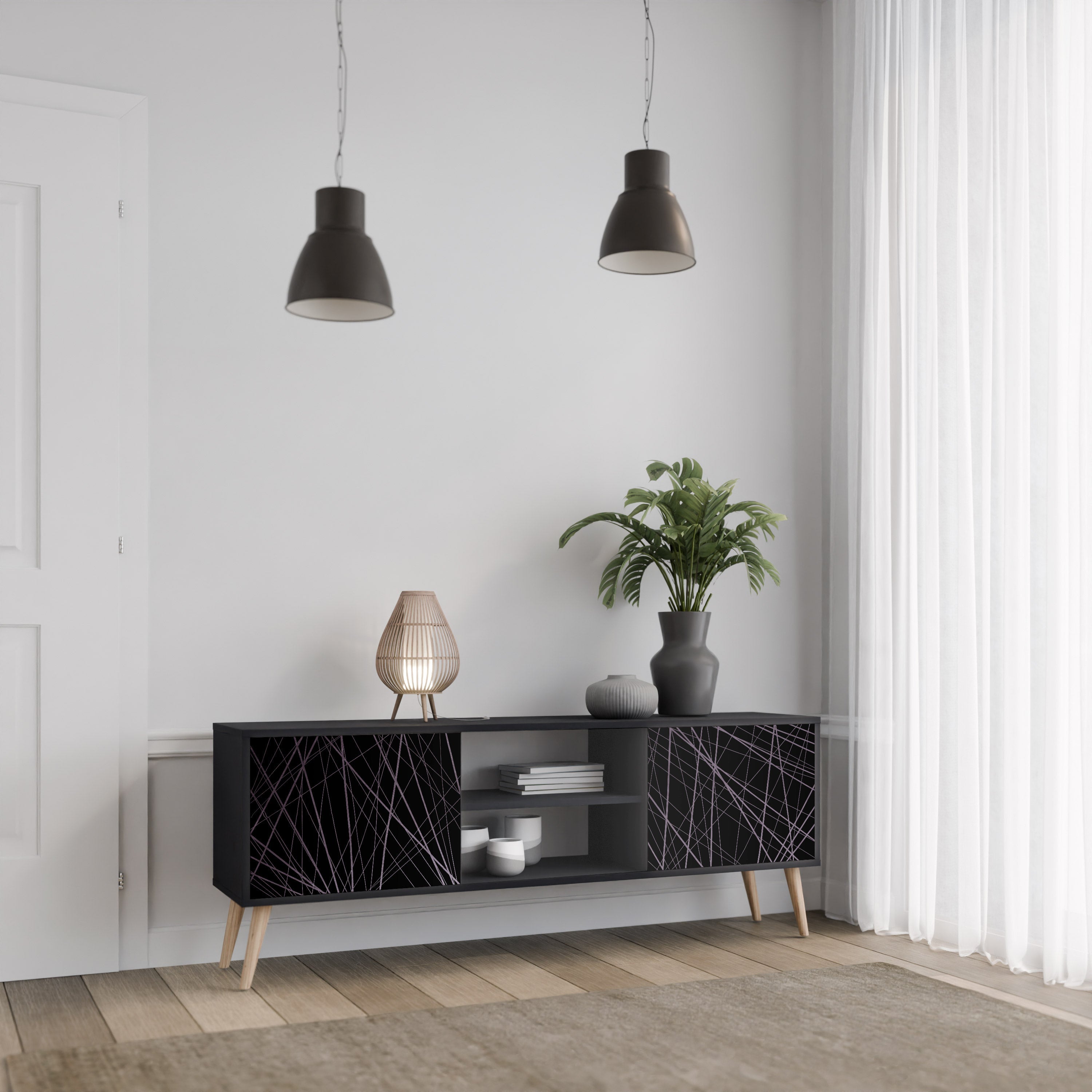 Meuble TV 2 portes SHIMMER SPIDERGRAM en finition noire